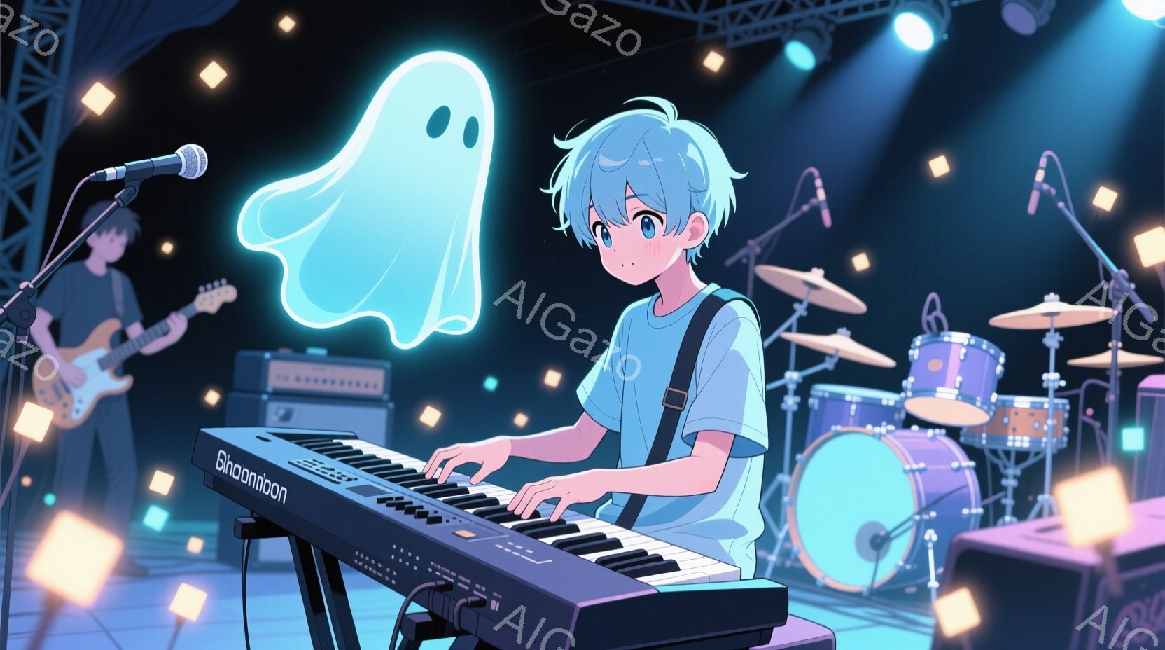 明るい青髪の少年がキーボードを演奏しており、半袖の白いシャツとジーンズ姿です。ステージ上にはドラムセットやギターを演奏する人物がおり、背景には照明が輝いています。全体的に、ライブパフォーマンスの活気と - AI生成フリー素材
