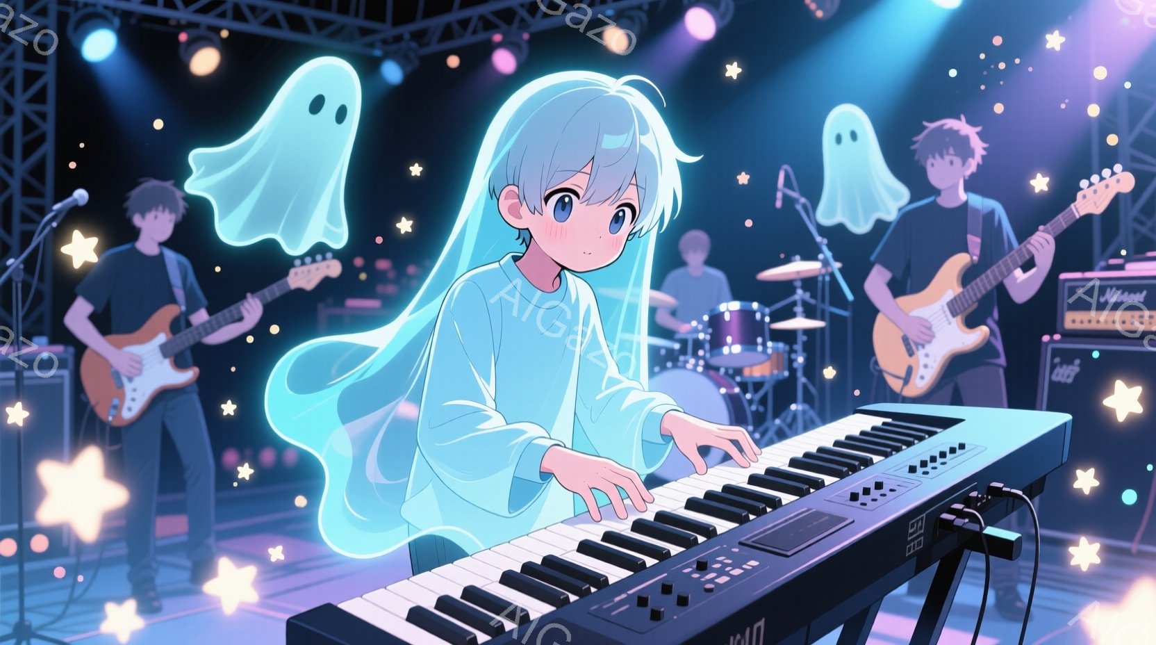 舞台上でキーボードを演奏する少女が描かれています。彼女は明るいブルーの髪で、白いふわふわとしたスカーフのようなものを身につけており、集中した表情で鍵盤を見つめています。背景には、ギターを弾く少年とドラ - AI生成フリー素材