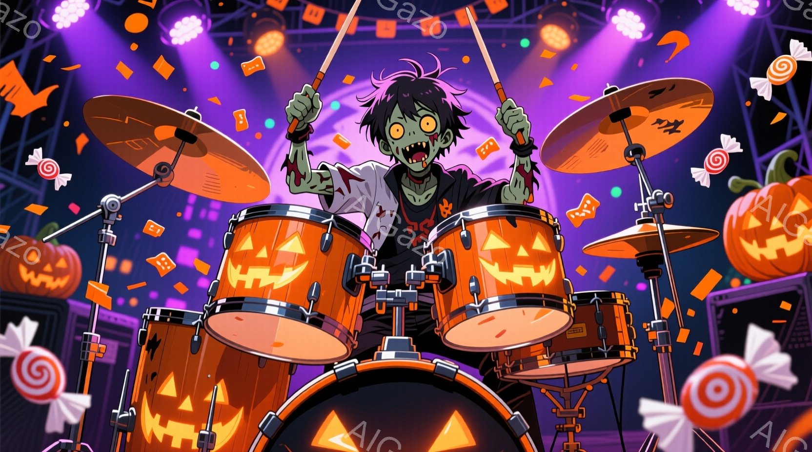 ハロウィーンをテーマにしたイラストで、ゾンビ風の少年がドラムセットを演奏している。少年は黒いTシャツとズボンを着用し、緑色の肌と鋭い爪、赤い目を持つ。背景にはカボチャや渦巻くリボン、照明が散りばめられており、ハロウィーンの賑やかな雰囲気を醸し出している。