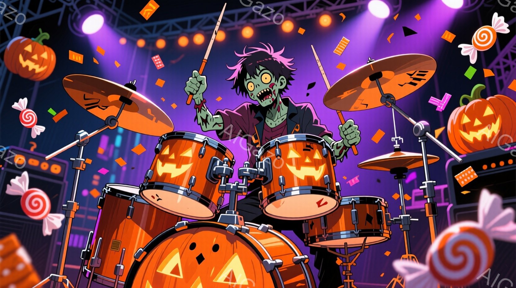 ゾンビのような外見の少年が、ハロウィーンをテーマにしたドラムセットを力強く演奏しています。緑色の肌とボサボサの黒髪、そして不気味な笑顔が特徴で、黒いジャケットを着ています。背景には、カボチャのランタン - AI生成フリー素材