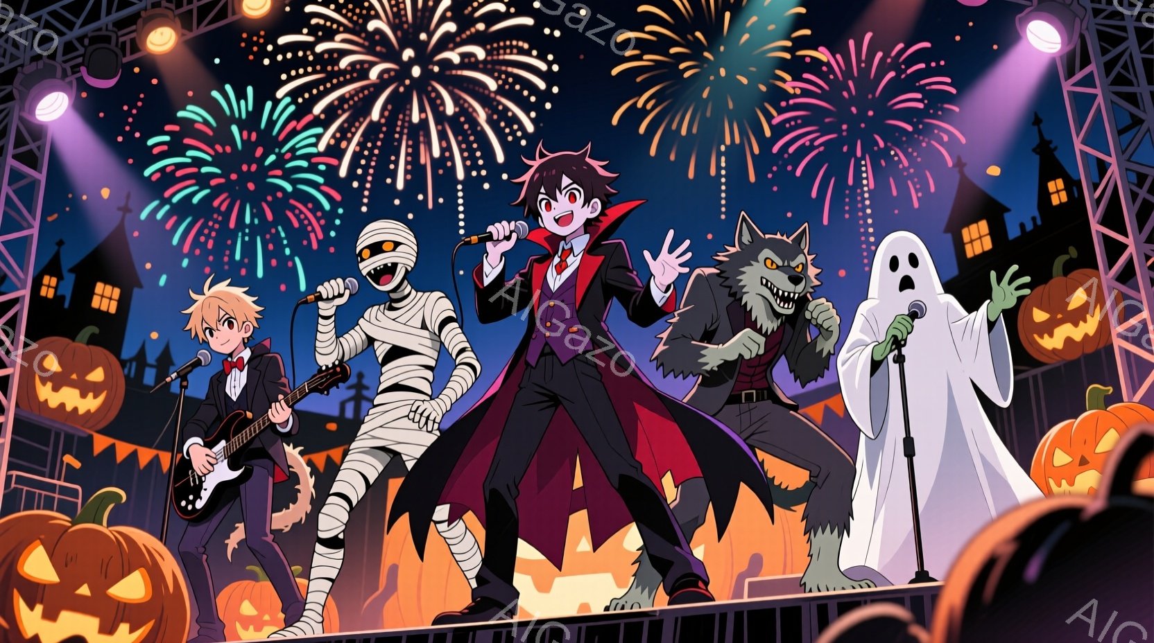 ハロウィーンの夜に、吸血鬼、ミイラ、狼男、幽霊のバンドがステージで演奏している様子が描かれている。吸血鬼は赤いスーツを着て、マイクに向かって歌っており、狼男と幽霊はそれぞれマイクを持って歌っている。背景には、ハロウィーンの飾り付けと花火が上がり、お祝いの雰囲気を盛り上げている。