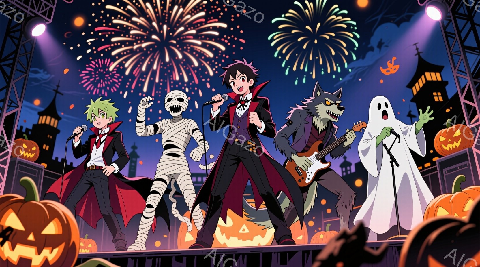 ハロウィーンをテーマにしたバンドがステージで演奏しているイラストです。ボーカルは緑髪で、赤いネクタイと黒い衣装を身につけ、マイクに向かって歌っています。背景には、お化け、ミイラ、狼男、そしてたくさんのジャック・オー・ランタンがあり、夜空には花火が打ち上げられています。