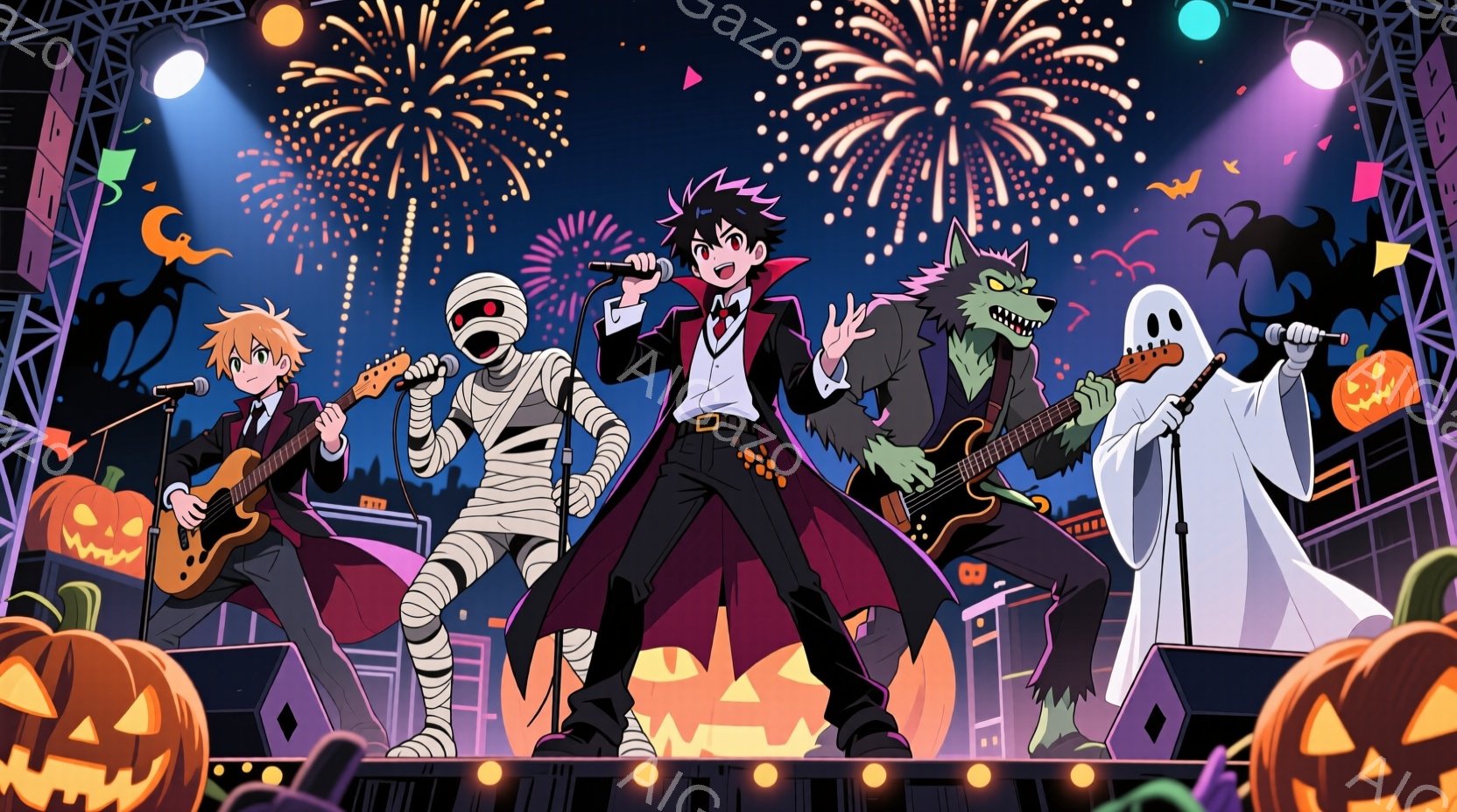 ハロウィーンをテーマにしたバンドがステージで演奏している様子が描かれています。ボーカルは黒髪で、ヴァンパイア風の服装に赤いマントを羽織り、自信に満ちた表情でマイクに向かっています。背景には、かぼちゃやお化け、打ち上げ花火があり、ハロウィーンらしい賑やかな雰囲気が漂っています。