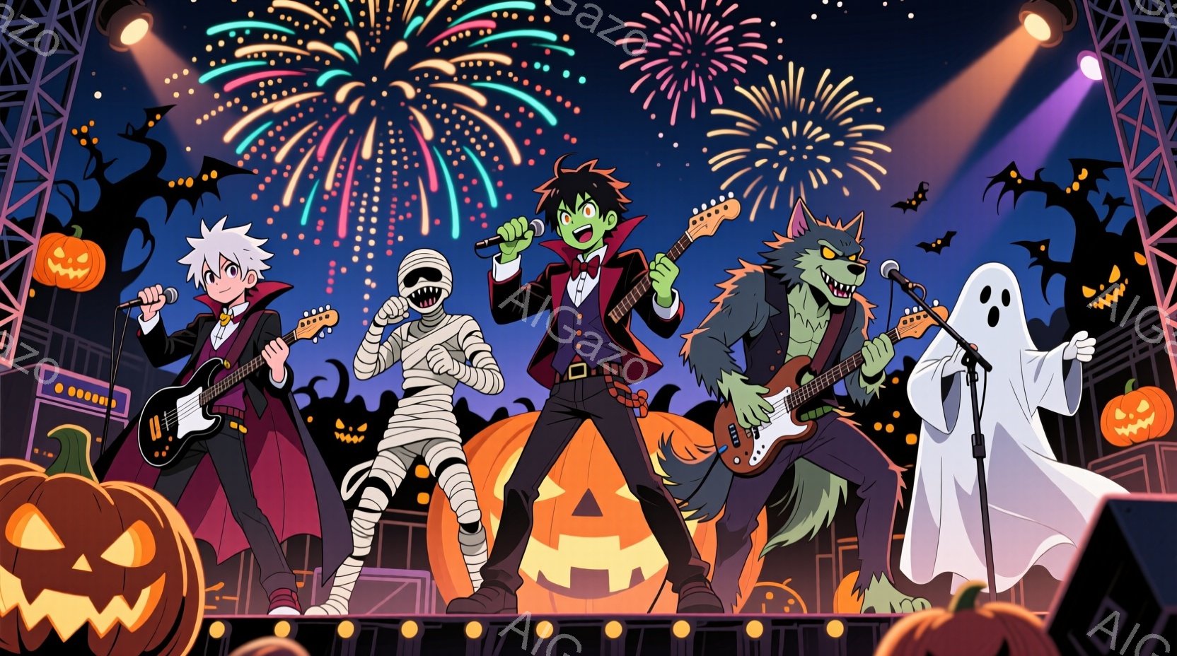 ハロウィーンの夜に、ゾンビ、ミイラ、狼男、幽霊のバンドがステージで演奏している様子が描かれています。各キャラクターはそれぞれハロウィーンをテーマにした衣装を身につけ、熱狂的に楽器を演奏したり歌ったりしています。背景にはジャック・オー・ランタンやコウモリが浮かび、花火が打ち上げられ、お祭り騒ぎの楽しい雰囲気が表現されています。