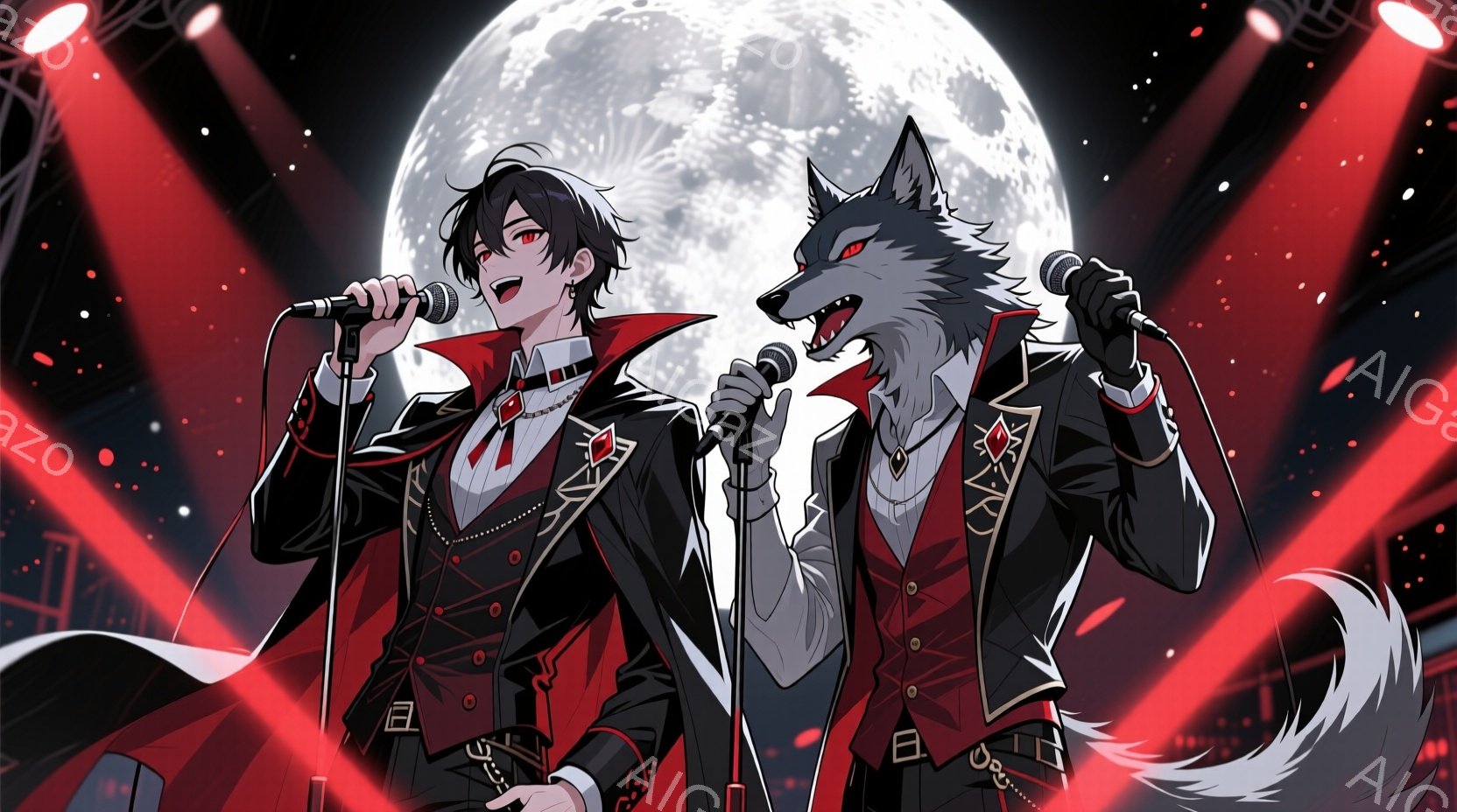 鮮やかな赤い光が照らすステージで、一人の男性と狼の獣人キャラクターがマイクを手に歌っている。男性は黒髪で、赤い装飾が施された黒い衣装を身につけ、情熱的な表情で歌唱している。背景には、ぼんやりとした都市 - AI生成フリー素材