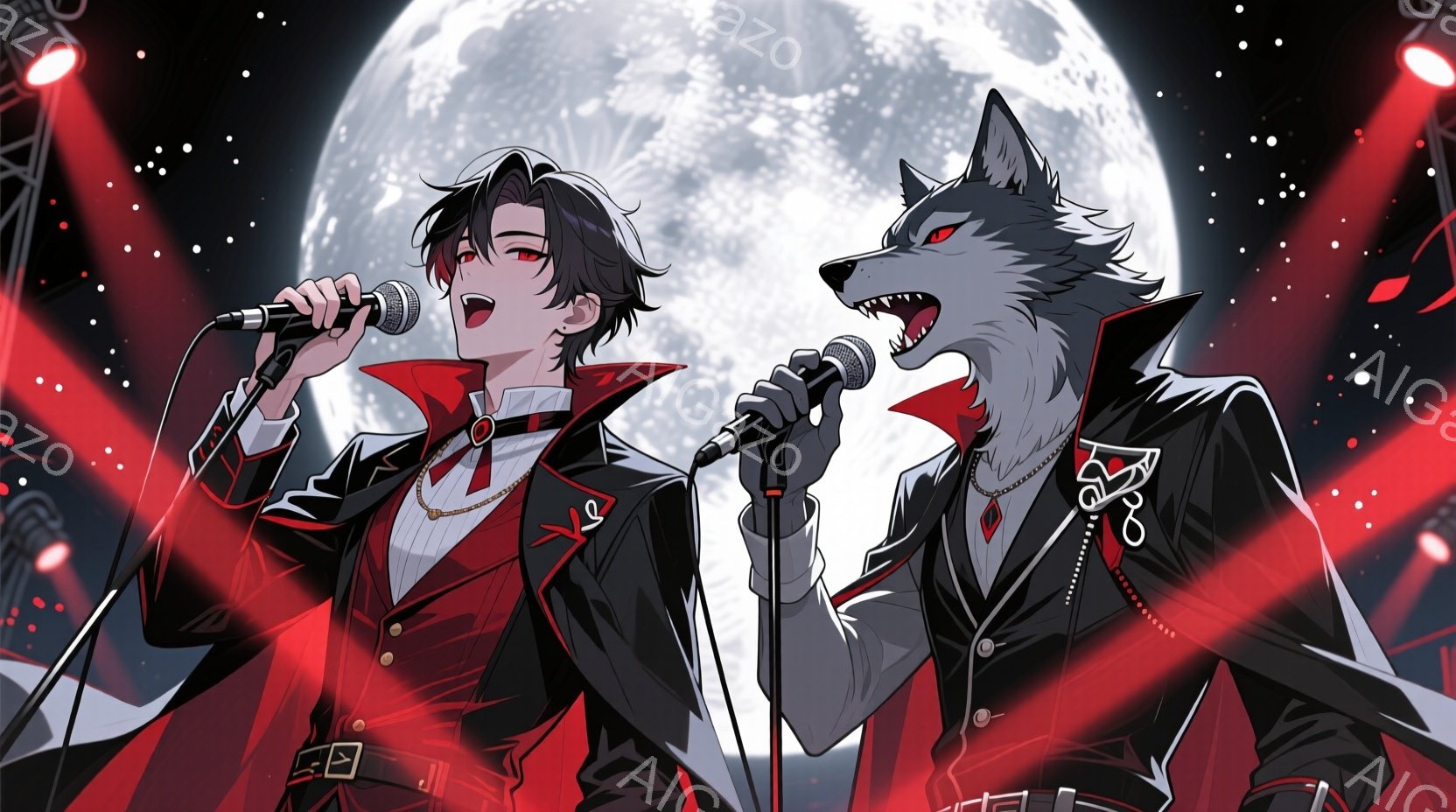 深紅の光が照らすステージで、一人の男性と狼の姿をしたキャラクターがマイクに向かって歌っている。男性は黒を基調としたスーツに赤いマントを羽織り、長い黒髪を無造作にまとめ、少し挑発的な表情で歌っている。背景には月が浮かび、赤い光がステージを照らし、コンサートのような熱狂的な雰囲気を醸し出している。