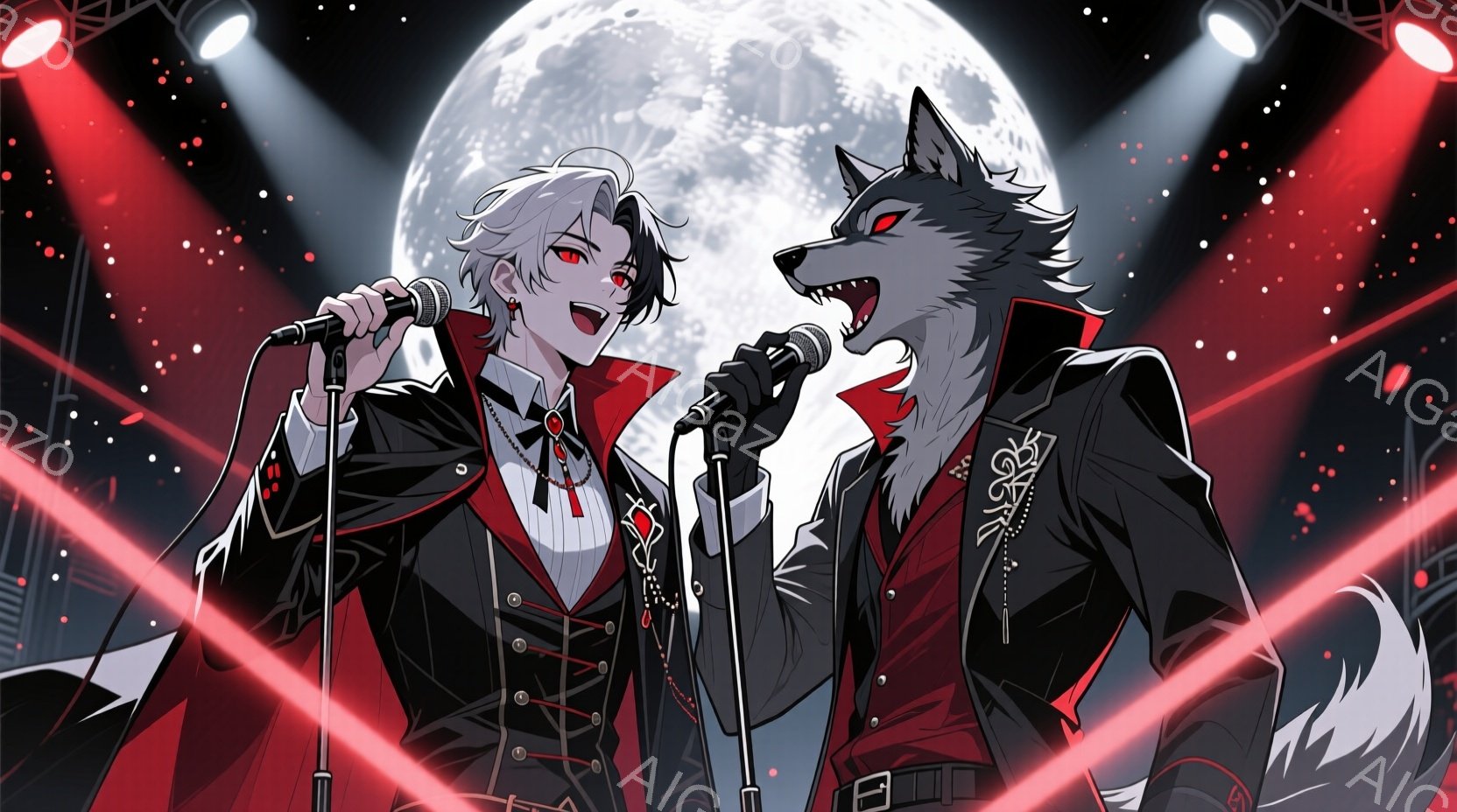 白髪の男性と狼の姿をしたキャラクターが、スポットライトを浴びながらマイクに向かって歌っている様子が描かれている。男性は赤い装飾が施された黒い衣装を身につけ、自信に満ちた微笑みを浮かべている。背景には赤 - AI生成フリー素材
