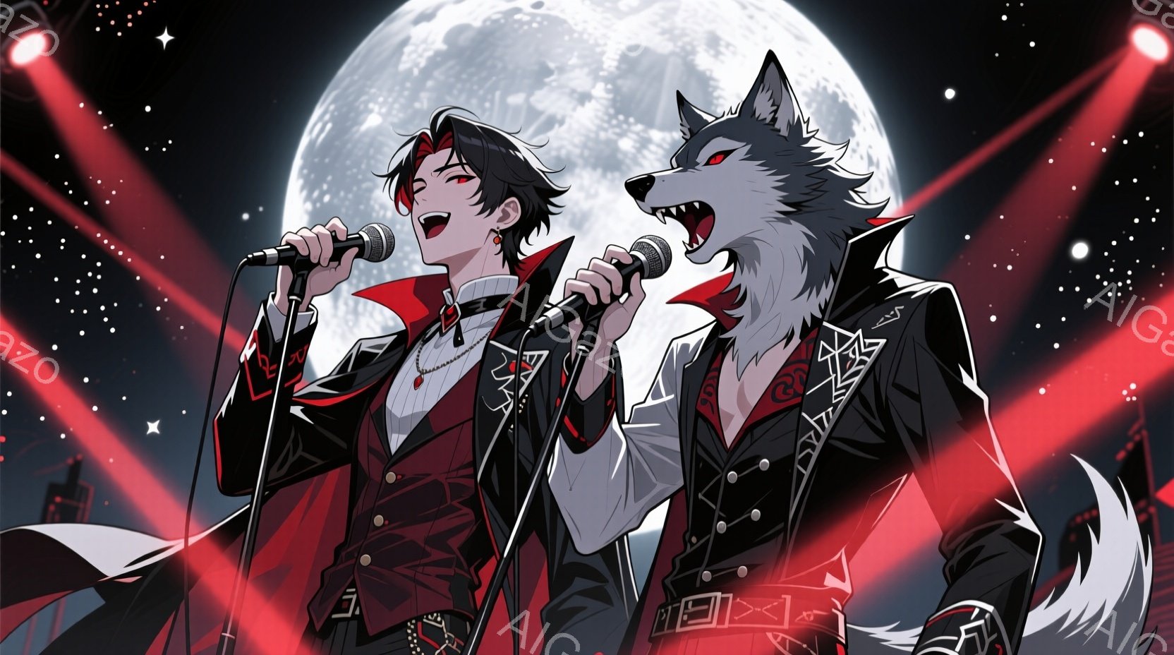 2人の男性と狼がステージ上で歌っている様子が描かれています。どちらも白いシャツに黒い装飾が施されたジャケットを着用し、男性は黒髪で狼は白毛です。背景には月が輝き、スポットライトが彼らを照らし、コンサー - AI生成フリー素材