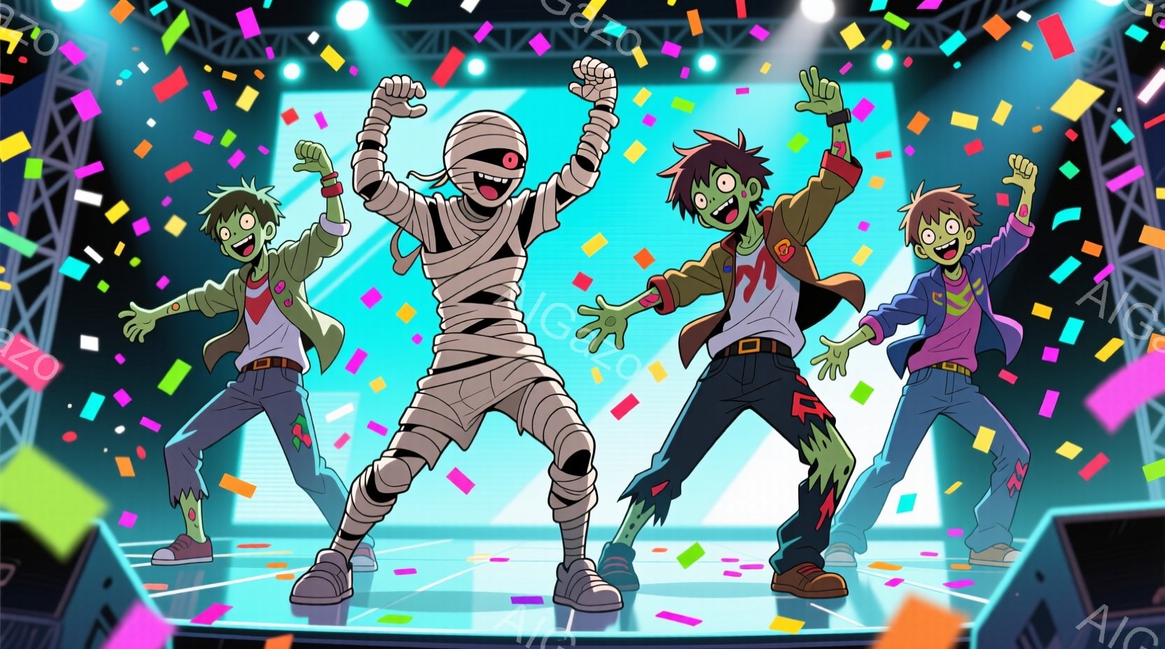 ３人のゾンビがステージ上で踊っています。中央のゾンビはミイラのように包帯で覆われ、両手を上げています。他の２人は、緑色の肌と不気味な笑顔で、それぞれジャケットとシャツを着ており、陽気な雰囲気を醸し出しています。