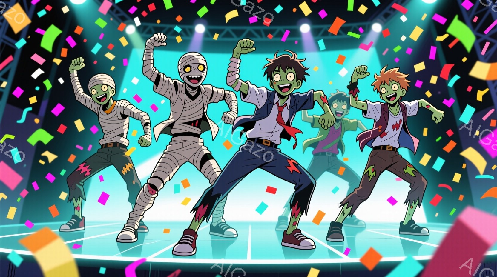 ハロウィーンの衣装を着た4人の少年が描かれています。彼らは皆、緑色の肌をしており、ズombieのようなメイクを施されています。少年たちは、それぞれ異なるハロウィーンの衣装を着ており、お祭りやパーティーを楽しんでいる様子が伝わってきます。