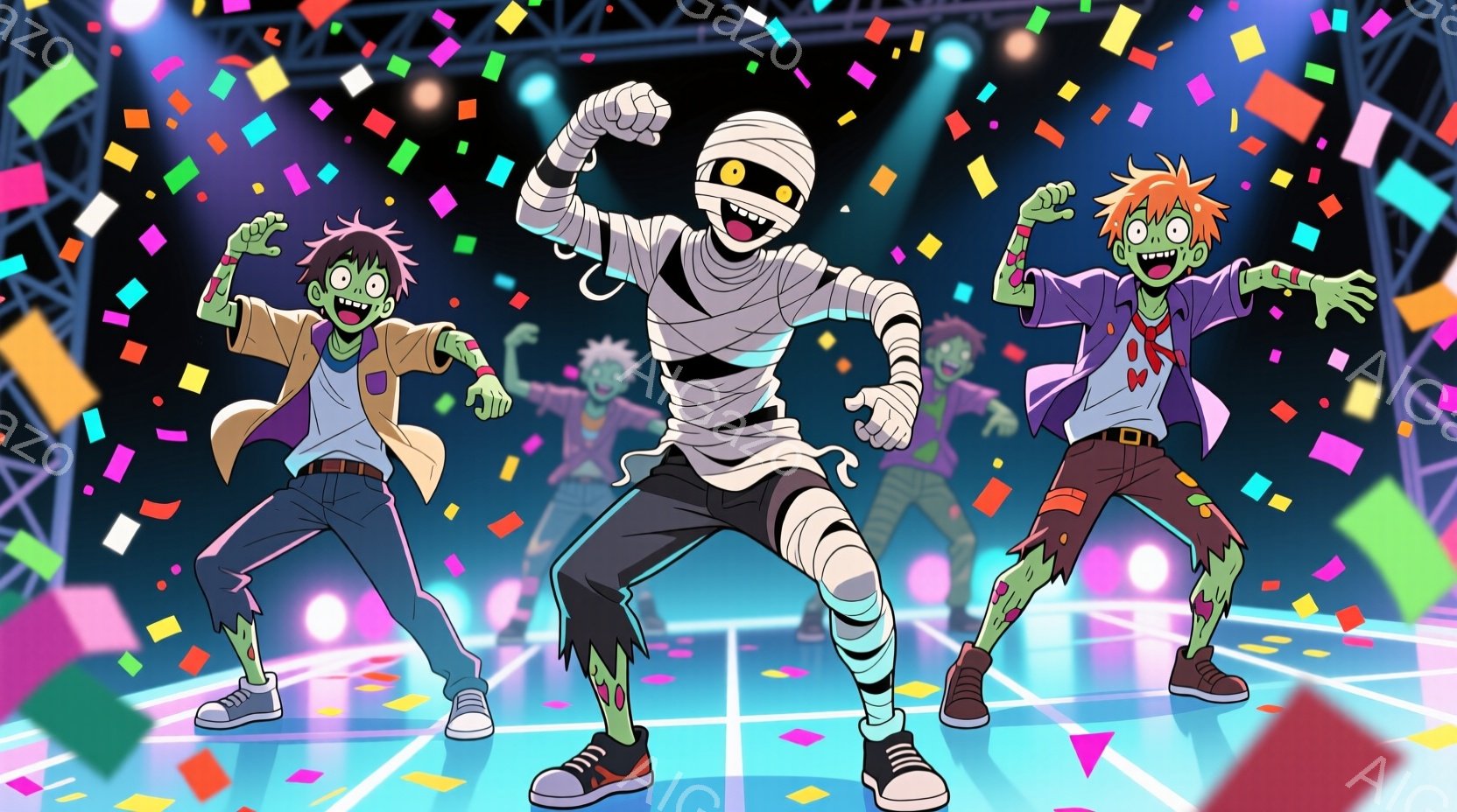 三人のゾンビがカラフルな背景の前で踊っています。オレンジ色の髪のゾンビはジャケットとズボンを身につけ、緑色のゾンビはセーターを着ています。中央にはミイラのゾンビがおり、全員が楽しそうにポーズをとってい - AI生成フリー素材