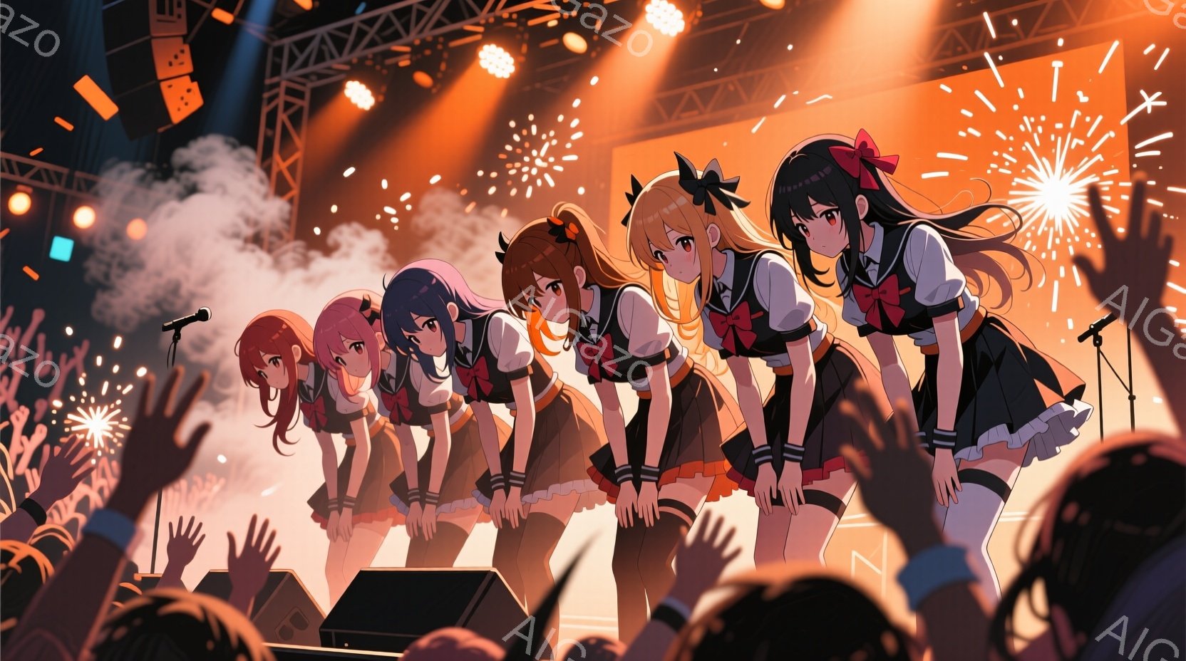 舞台上で、黒いリボンとフリルのついた制服を着た9人の若い女性たちが、観客に向けてお辞儀をしています。彼女たちはそれぞれ異なる髪色とヘアスタイルをしており、明るい笑顔を見せています。背景には、観客の手と - AI生成フリー素材