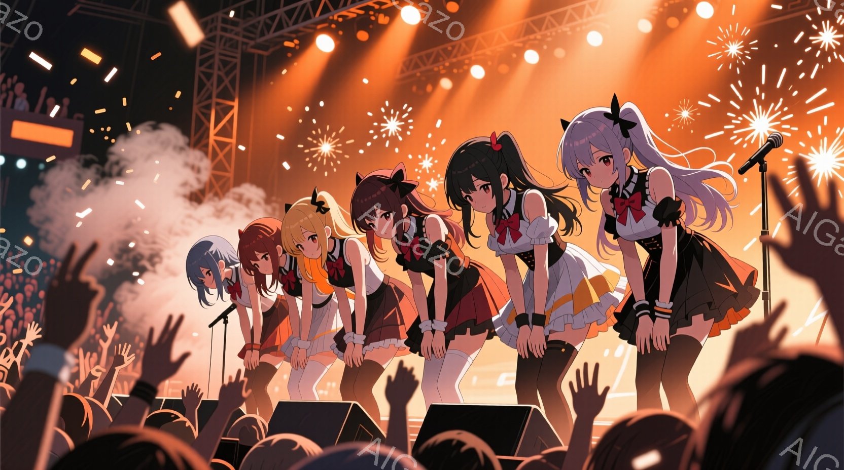 ステージ上には、黒と赤を基調とした衣装を身に着けた5人の若い女性たちが立っています。彼女たちはそれぞれ異なる髪型をしており、笑顔で観客を見つめ、手を広げています。背景には、多くの観客の手が伸びており、 - AI生成フリー素材