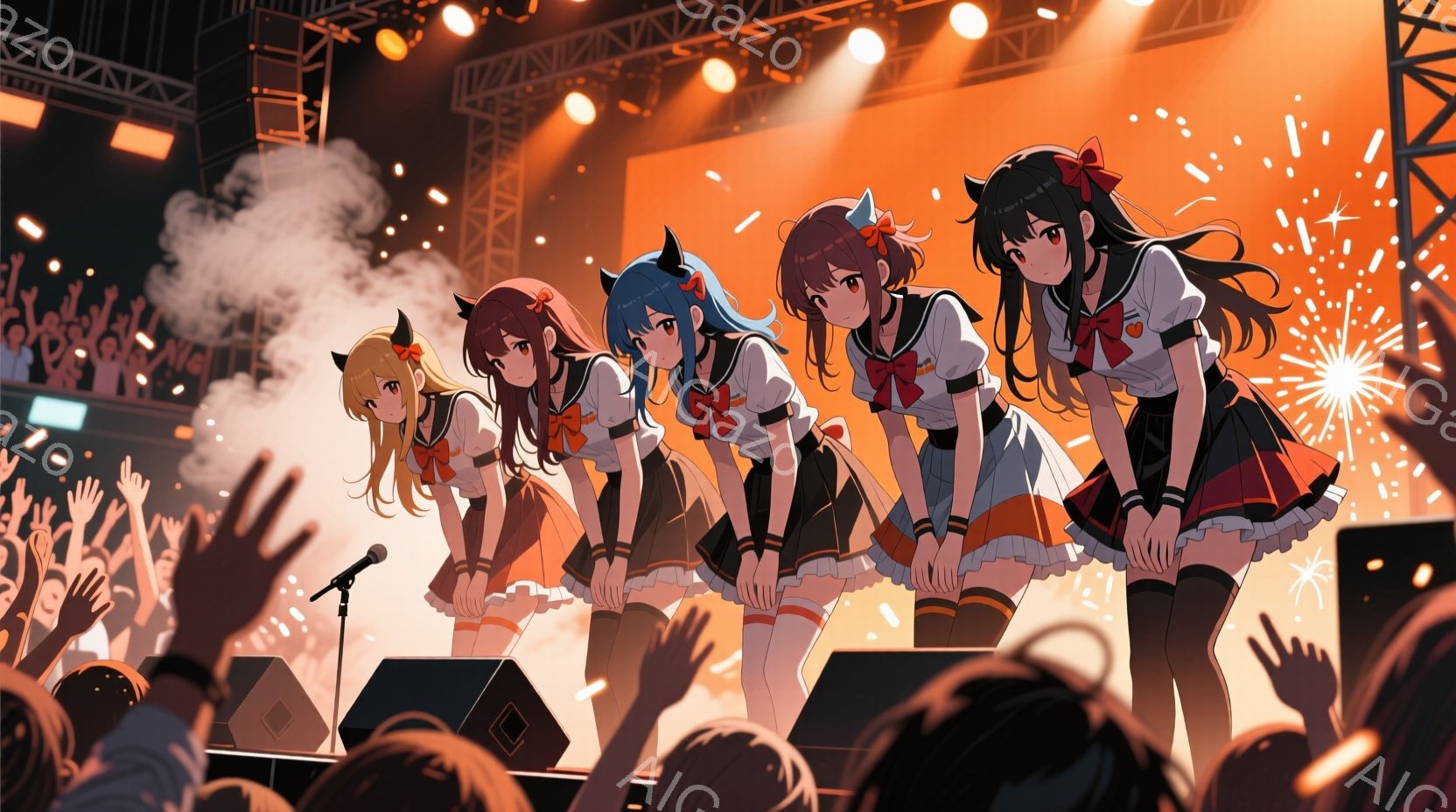 ステージ上でパフォーマンスをする5人の若い女性が描かれています。彼女たちは皆、黒と赤を基調とした制服のような服装で、フリルが付いたスカートとリボンで飾られています。ステージの背景には観客席が見え、歓声と閃光が彼女たちを照らし、熱狂的なライブの雰囲気を醸し出しています。