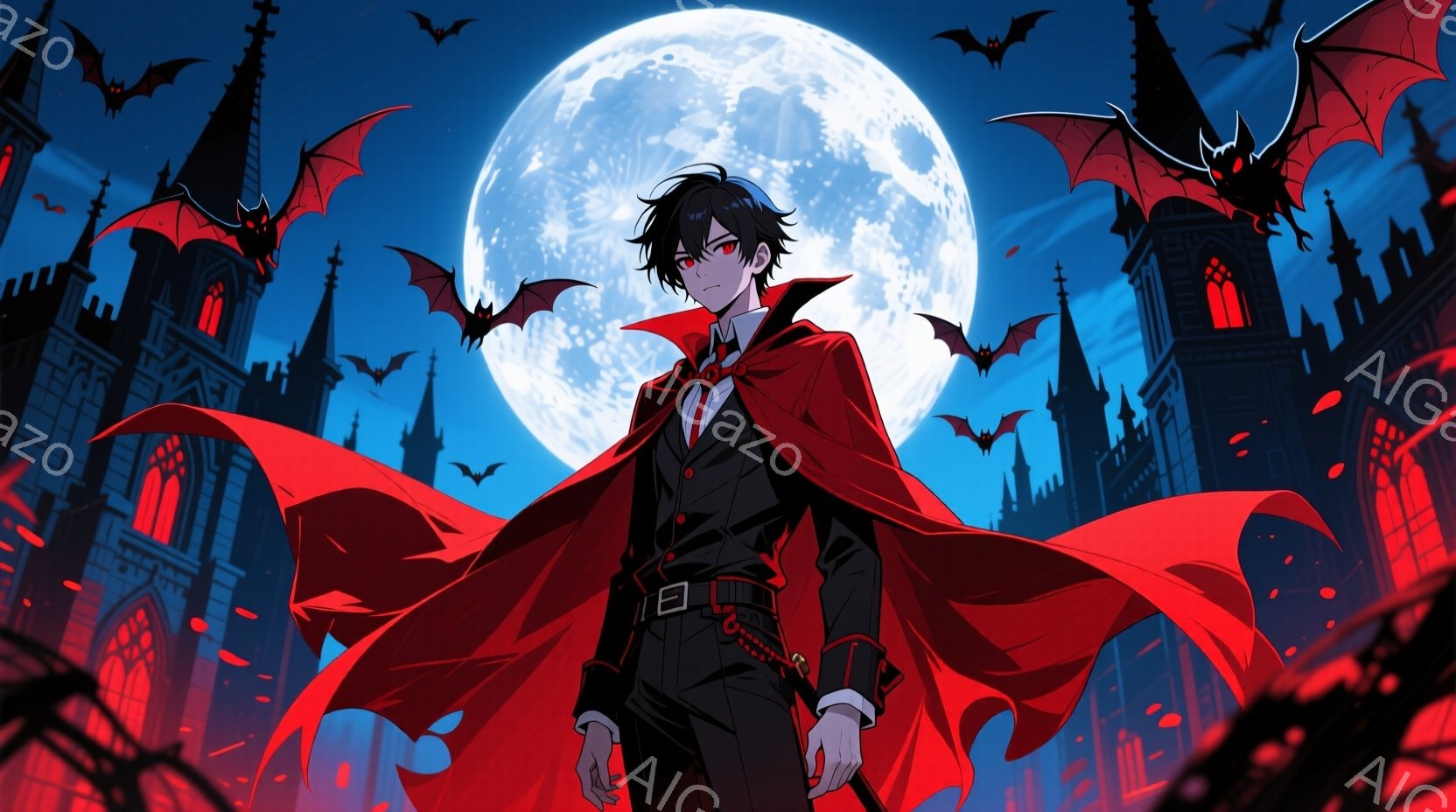 深紅の背景に、黒髪の男性が赤いマントを羽織り、黒いスーツ姿で立っている。彼は片手をわずかに前に出し、少し下を見下ろすように姿勢を保ち、どこか憂いを帯びた表情をしている。背景にはゴシック様式の建物群が立 - AI生成フリー素材