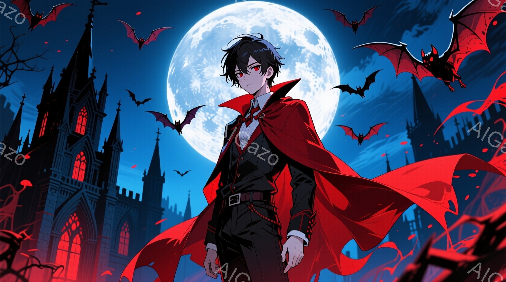 深紅の外套を羽織った黒髪の男性が描かれています。彼は白いシャツと黒いスーツを着用し、片手を腰に当てて自信に満ちた表情で立っています。背景には、月明かりに照らされたゴシック様式の城と、飛び交うコウモリが描かれ、不気味でドラマチックな雰囲気を醸し出しています。