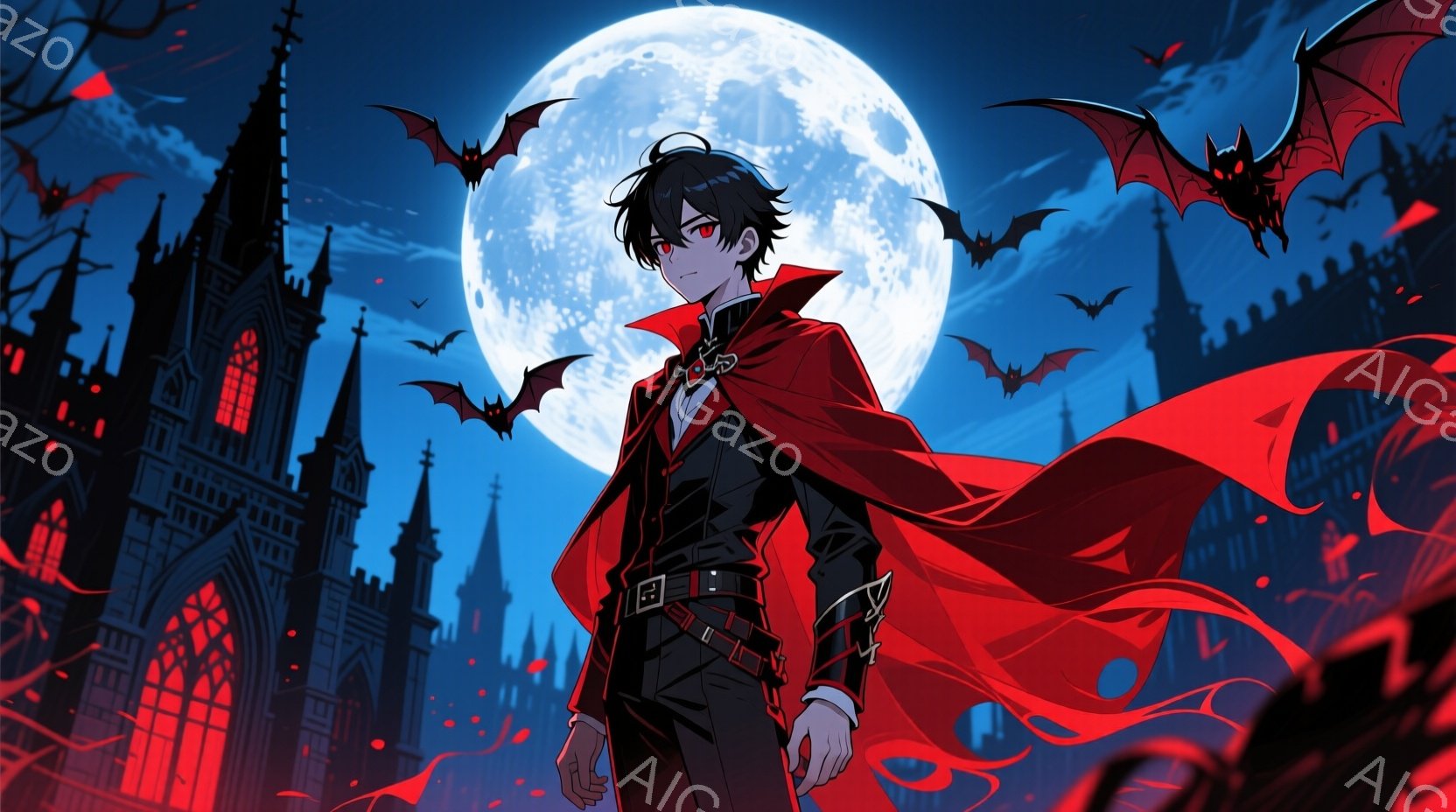 黒髪で、わずかにカールした髪型をした若い男性が描かれています。彼は黒いスーツに赤いマントを羽織り、片手を腰に当てて立っており、表情はどこか憂いを帯びています。背景にはゴシック様式の城や尖塔が立ち並び、 - AI生成フリー素材