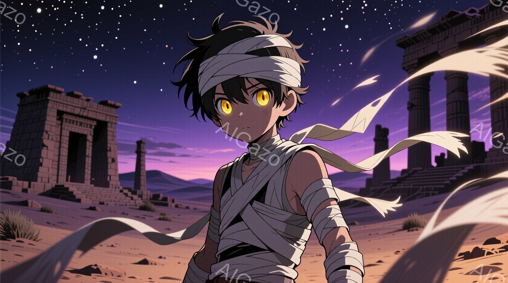 砂漠の中に立つ少年は、頭に白い布を巻き、腕や腰に包帯を巻いている。彼の表情は真剣で、オレンジ色の瞳が際立っている。背景には古代遺跡がそびえ立ち、夕焼け空が広がっており、どこか神秘的な雰囲気を醸し出している。