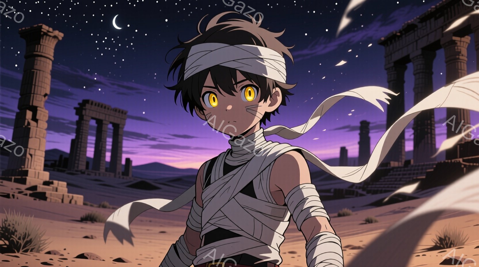 暗い砂漠の風景の中に、包帯で腕と額を覆った少年が立っている。彼の髪は黒く、目は金色で、決意に満ちた表情をしている。背景には古代の遺跡が立ち並び、夜空には星が輝いている。