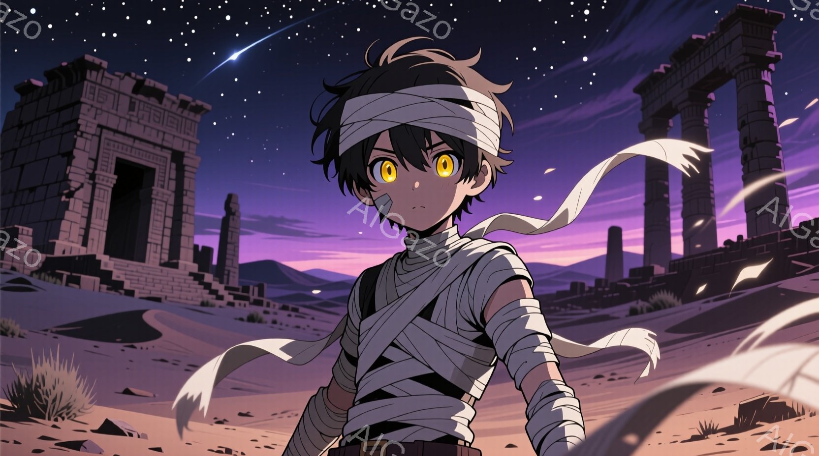 少年は血と汚れが付いた薄い緑色のジャケットを着ており、黒髪は少し乱れている。彼の顔には血が流れ落ちており、悲しみと苦痛に満ちた表情をしている。背景には墓石が並び、夕焼けのような赤い空と漂う霧が不気味な雰囲気を醸し出している。