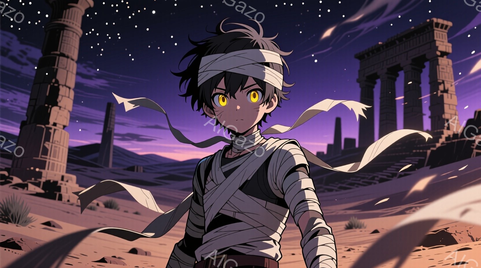 砂漠の中に立つ少年は、手足に包帯を巻き、頭には白い布を巻いている。彼の髪は黒く、目は金色で、表情はどこか決意に満ちている。背景には古代の石柱や荒涼とした砂漠の風景が広がり、夜空には星が輝いている。