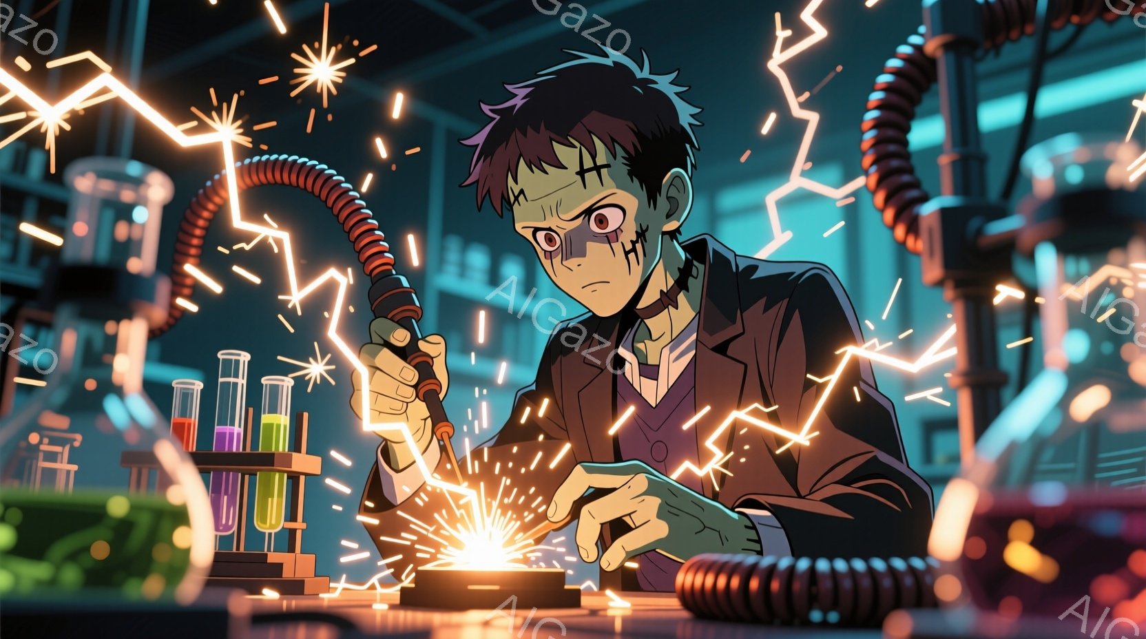 ボサボサの黒髪と緑色の肌をした男性が、実験室で何かを組み立てています。彼は黒いジャケットと白いシャツを着ており、集中した表情で小さな機械に取り組んでいます。背景には試験管や複雑な装置が並び、雷のような光が飛び交う様子から、実験が佳境を迎えている緊迫した雰囲気が伝わってきます。