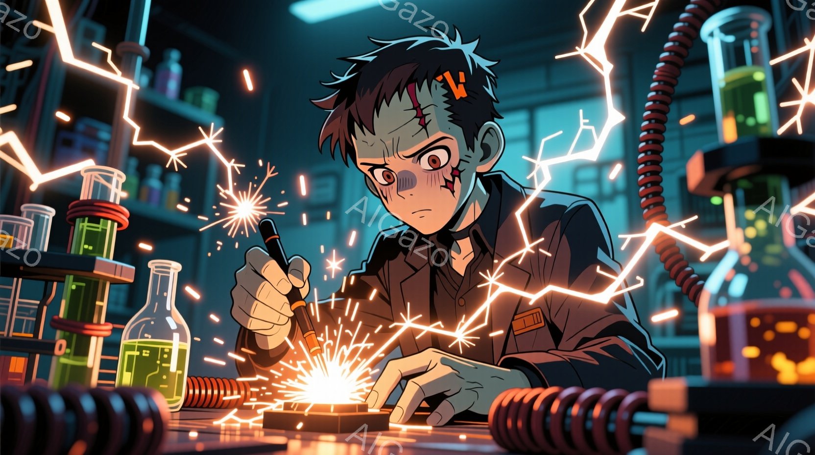 若い科学者が実験室で電子回路をハンダ付けしている様子が描かれています。彼は黒髪で、少し乱れたヘアスタイルで、集中した表情で作業に取り組んでいます。背景には試験管や配線が並び、全体的に活気と集中力を感じさせる雰囲気です。