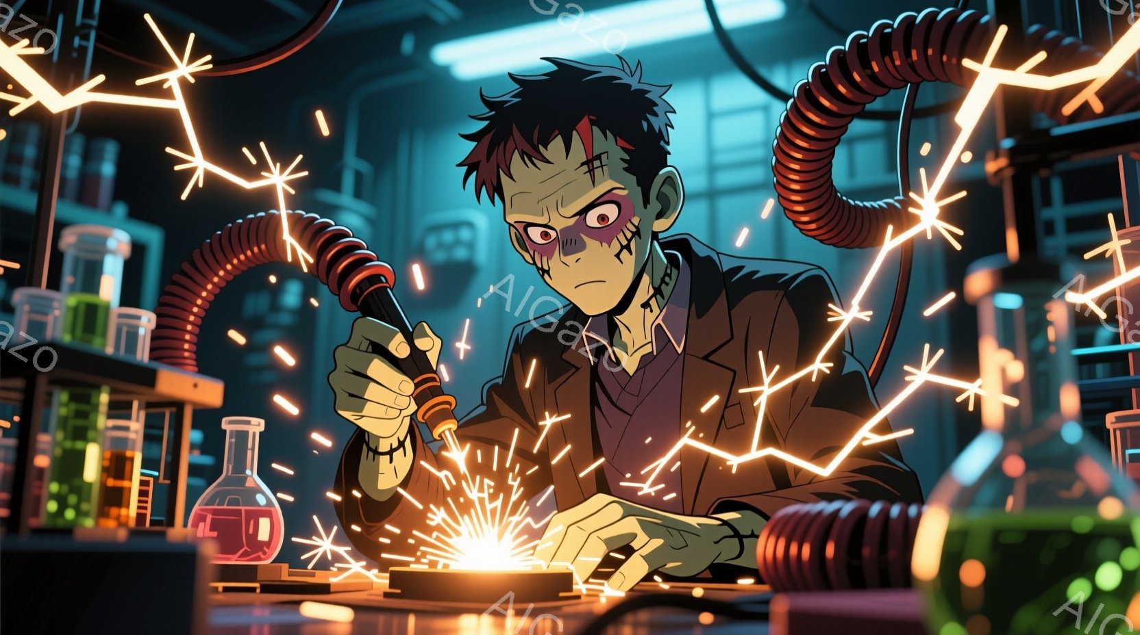 若い科学者は、実験室で何かを熱心に溶接している。彼は、乱れた黒髪と、興奮と疲労が入り混じった表情をしており、実験着を着用している。背景にはフラスコや試験管が並び、実験装置と光る配線が複雑に絡み合い、危険と熱意に満ちた雰囲気を作り出している。