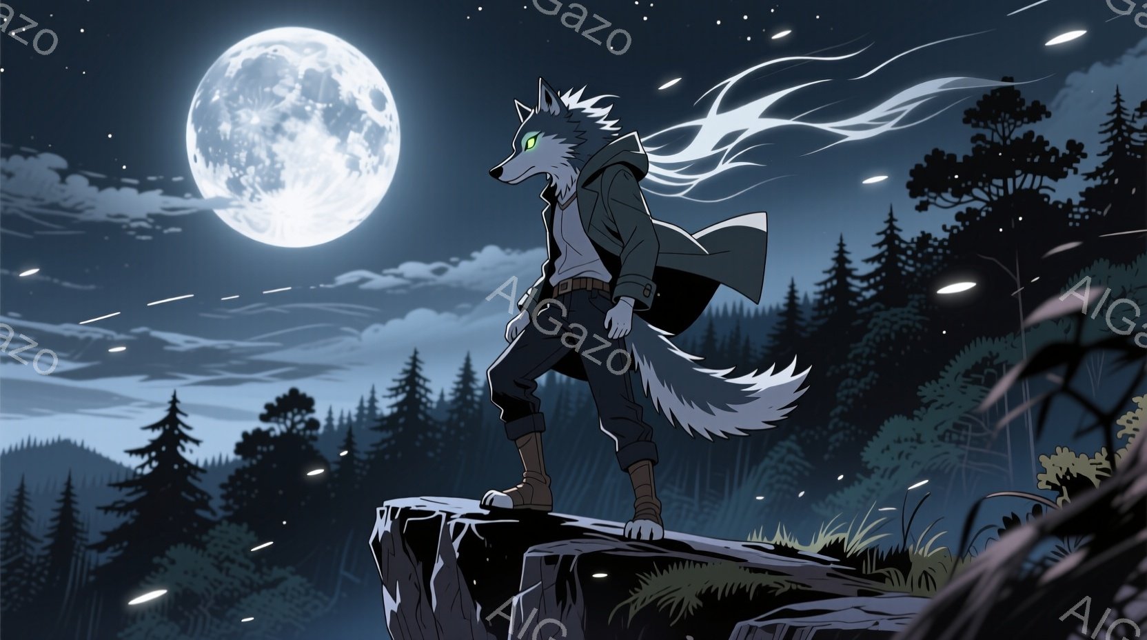 狼のような男性が崖の上に立っており、黒いジャケット、茶色のシャツ、濃い色のズボン、ブーツを着用しています。彼の髪は白く逆立ち、夜空には満月が輝き、周囲にはシルエットで描かれた木々が広がっています。全体 - AI生成フリー素材
