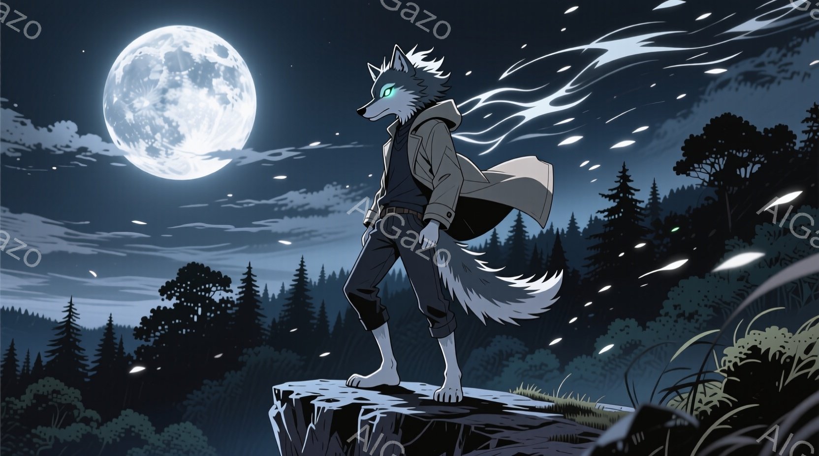 狼のようなキャラクターが、断崖絶壁の上に立っている。彼はベージュ色のトレンチコートを羽織り、濃いグレーのズボンを履いており、腰にはベルトが巻かれている。背景には暗い森が広がり、満月が明るく輝き、周囲に - AI生成フリー素材