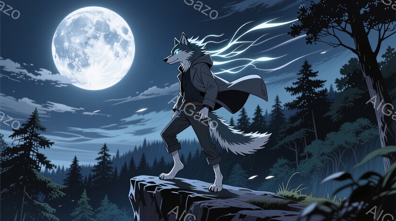 青白い月光の下、狼の姿をした男が岩場に立っている。黒いコートとパンツ姿で、風になびく銀色の髪を持つ彼は、どこか憂いを帯びた表情で遠くを見つめている。背景には暗い森が広がり、夜の静寂と神秘的な雰囲気を醸し出している。