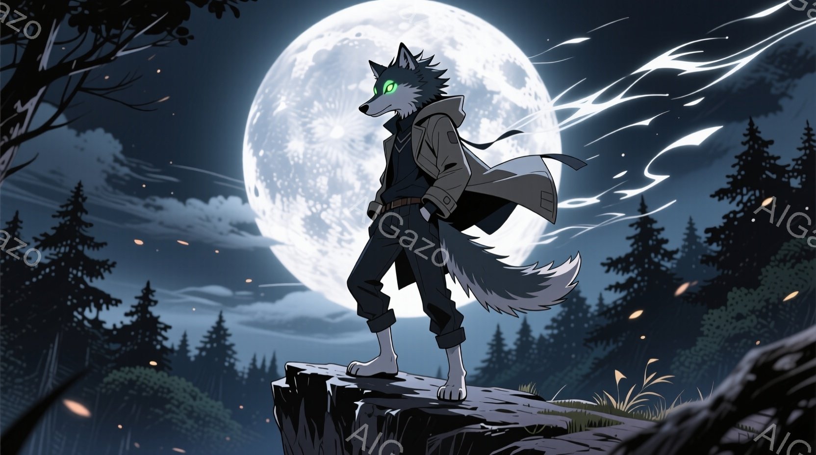 暗い夜の崖の上に、狼のような特徴を持つキャラクターが立っている。彼は黒いセーター、ジーンズ、そして肩に掛けられた茶色のコートを身に着け、自信に満ちた表情で遠くを見つめている。背景には暗い森が広がり、満 - AI生成フリー素材