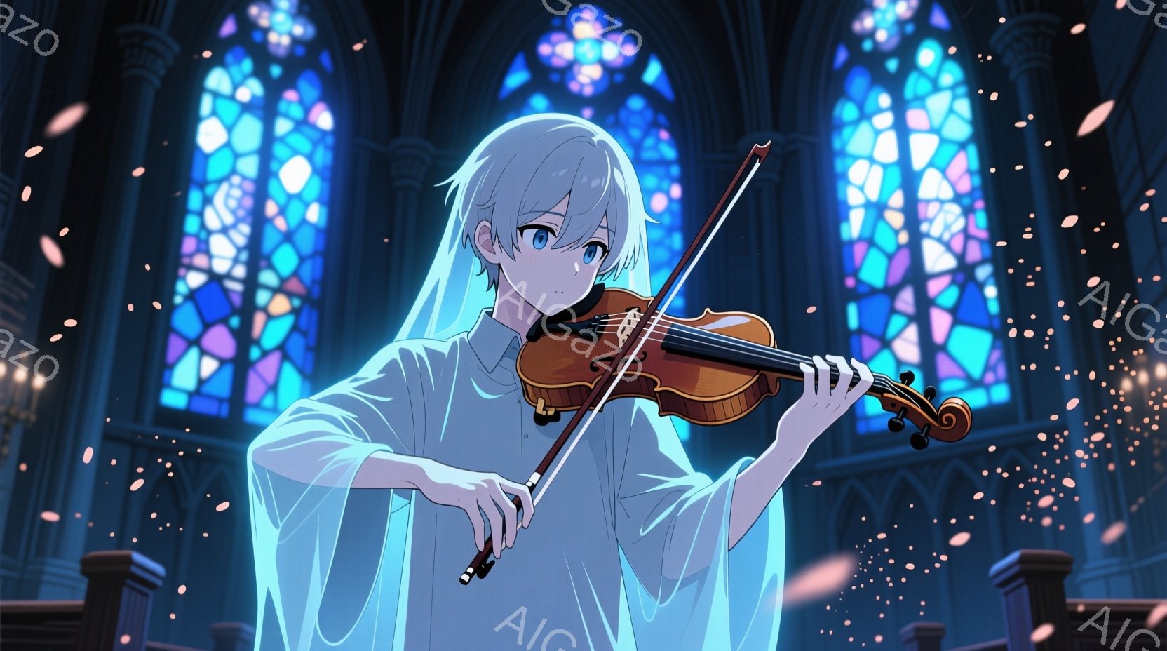 白髪で青い目の少年が、教会のステンドグラスを背景にバイオリンを演奏している。少年は白いシャツと薄いショールのようなものを身につけ、集中した表情で楽器を奏でている。背景にはゴシック様式の教会内部が見え、 - AI生成フリー素材