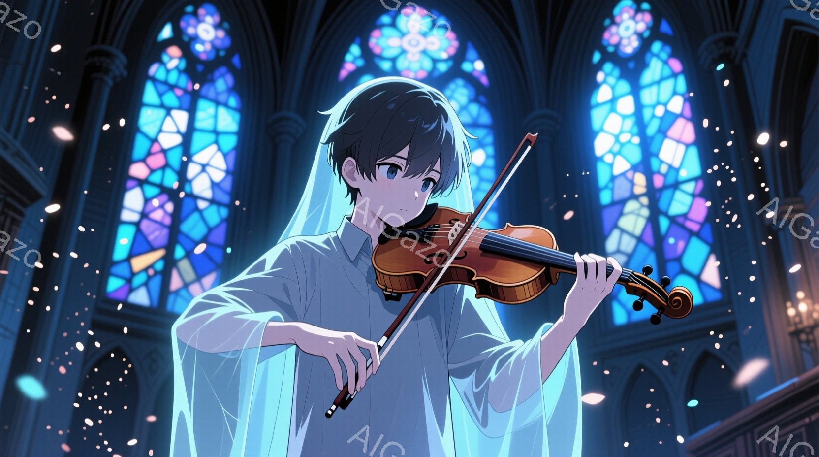 若い男性がバイオリンを演奏している様子が描かれている。彼は白いシャツを着ており、白い布が肩から掛かっている。背景にはステンドグラスの窓が輝き、幻想的な雰囲気を醸し出している。 - AI生成フリー素材