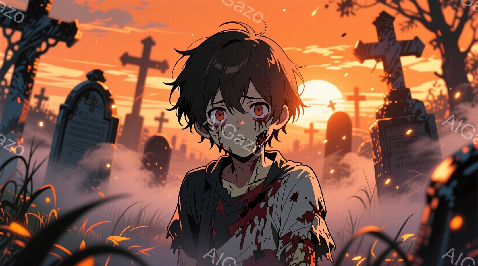 少年は血まみれの腕で、ぼんやりとした表情で立っている。彼の髪は黒く、少し乱れており、服装は破れて汚れている。背景は墓地で、夕焼け空の下に墓石が立ち並び、全体的に不気味で悲しい雰囲気が漂っている。