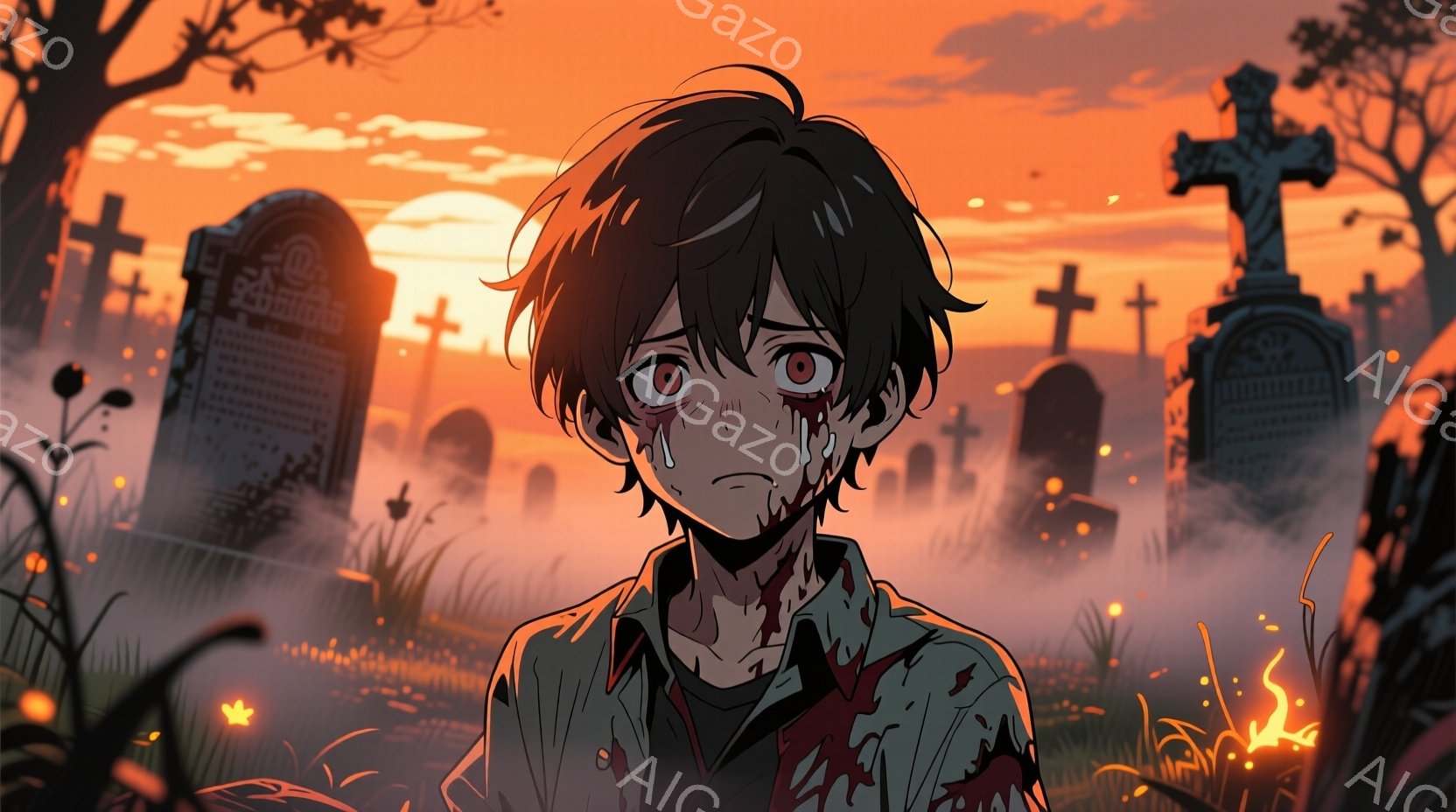 少年は血と泥で汚れた服を着ており、顔には涙が浮かび、苦痛に満ちた表情をしている。彼は墓石が並ぶ墓地の中に立っており、背景には夕焼け空とちらほらと燃える炎が見える。全体的に、悲しみと絶望、そしてどこか幻想的な雰囲気が漂う。