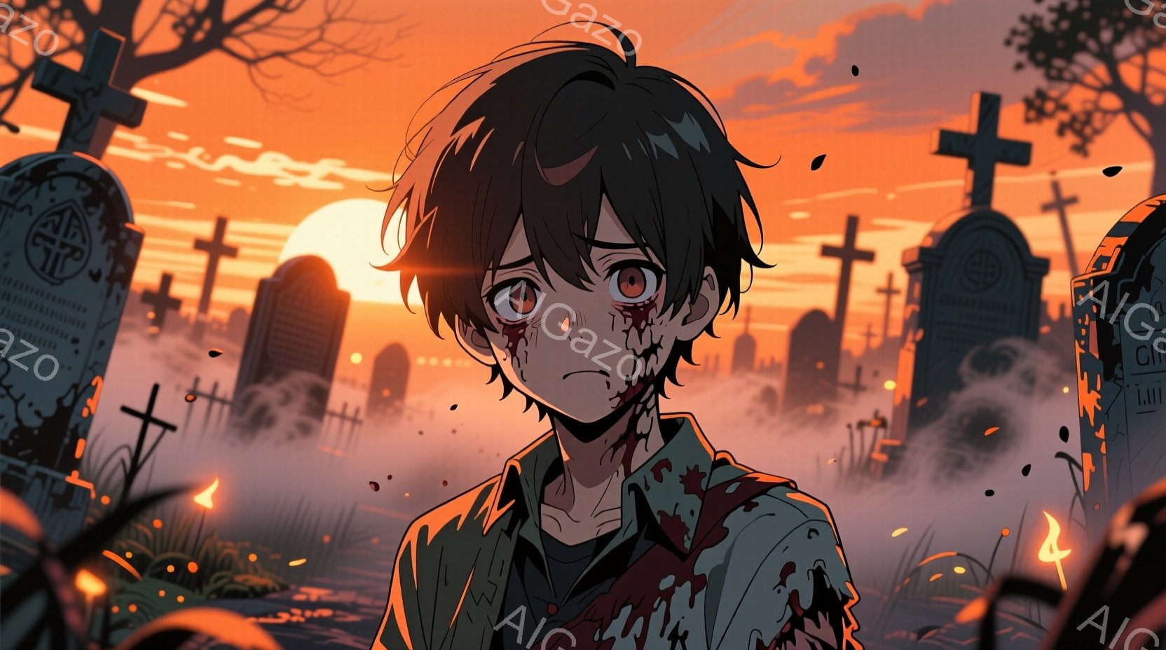 少年は血まみれの服を着て、悲しげな表情で立っている。彼の黒髪は無造作に乱れ、頬には涙と血が混ざっているように見える。背景には墓石が立ち並び、夕焼け空の下、不気味な雰囲気を醸し出している。 - AI生成フリー素材