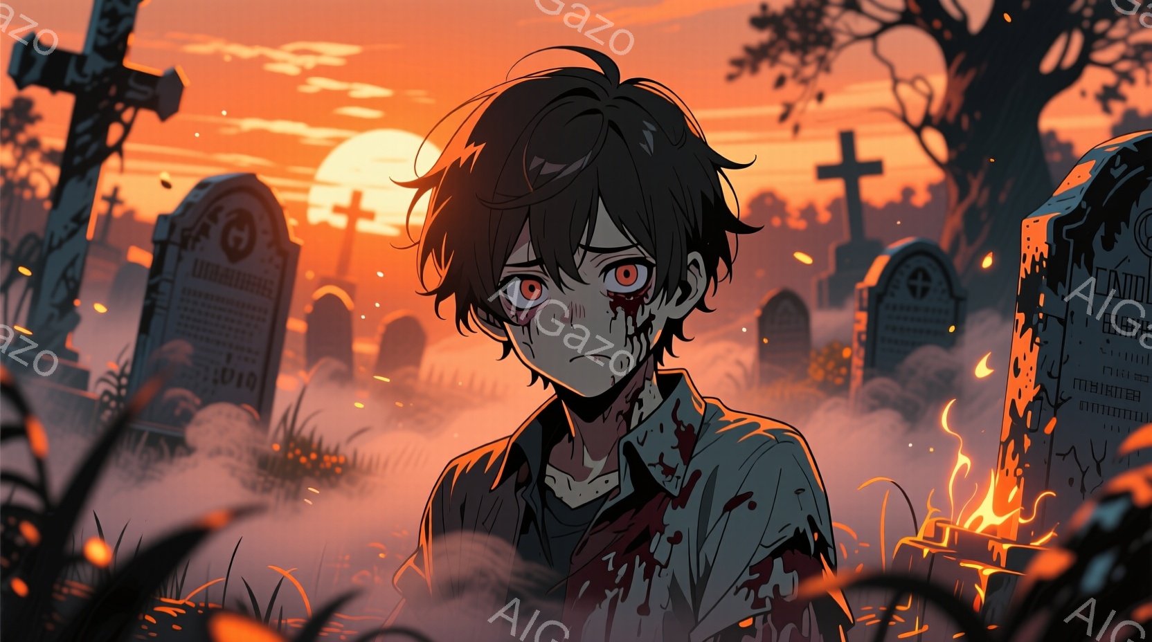 血と汚れの付いた服を着た、暗い髪の少年が描かれています。彼の表情は苦痛に満ちており、目は赤く染まっています。背景には墓石、燃え盛る炎、そして夕焼けのような赤い空が広がっており、全体的に悲しく、不穏な雰囲気を醸し出しています。