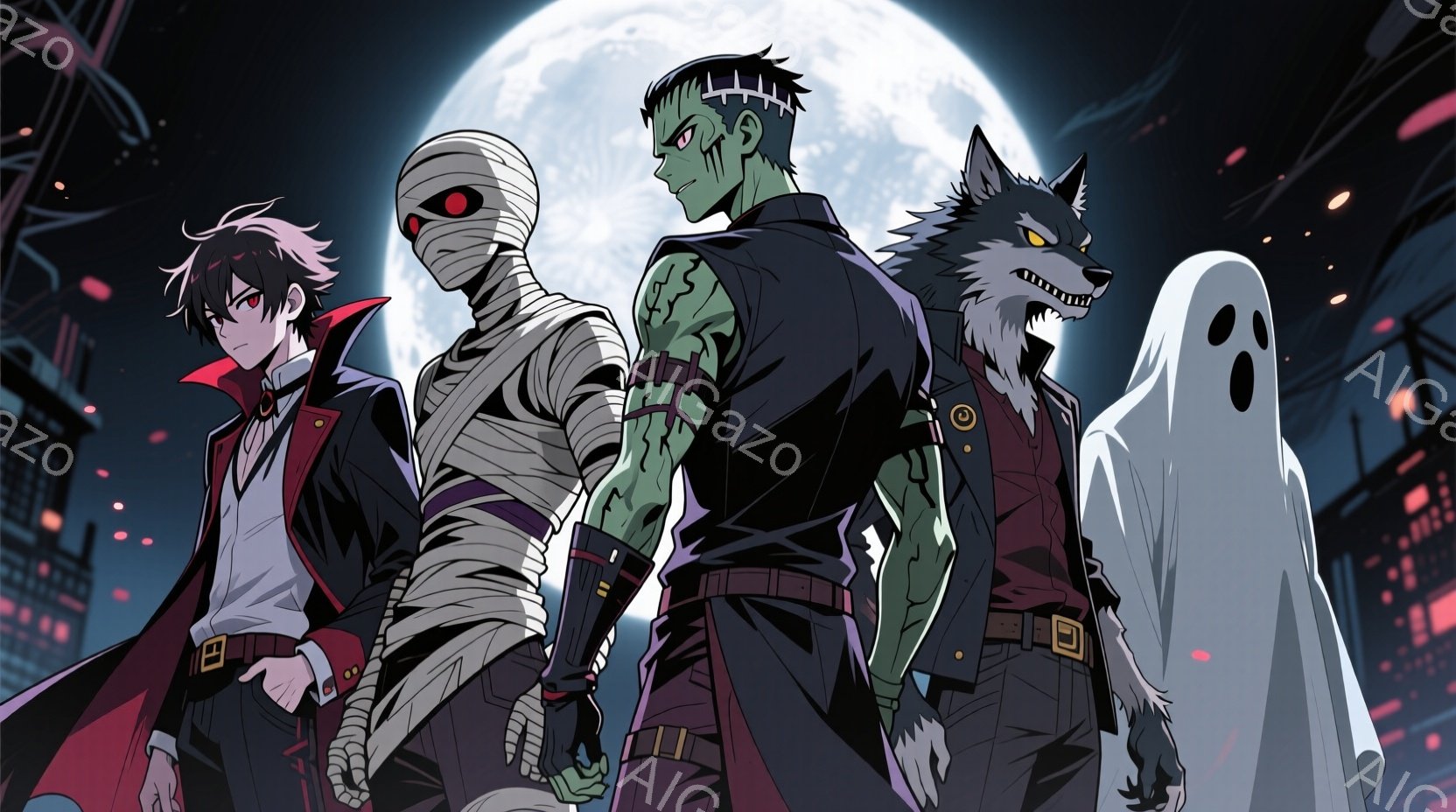 ヴァンパイア、ミイラ、狼男、幽霊の姿をした4人のキャラクターが描かれています。ヴァンパイアは赤いコートを着ており、ミイラは包帯で覆われ、狼男はスーツを着て、幽霊は白い布で覆われています。背景には、夜の - AI生成フリー素材