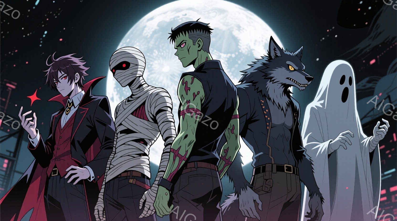 ヴァンパイア、ミイラ男、狼男、幽霊が並んで立っており、それぞれハロウィーンを彷彿とさせる衣装を身に着けている。ヴァンパイアは赤い髪と鋭い目つきで、ミイラ男は包帯で全身が覆われ、狼男は毛むくじゃらの姿で - AI生成フリー素材