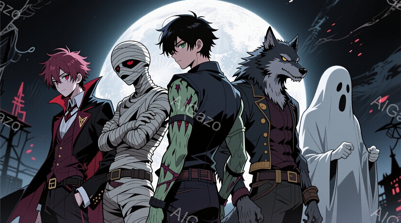 画面には、ハロウィーンをテーマにしたキャラクターたちが並んでいる。赤髪のキャラクターは、黒い襟の装飾が施された赤いジャケットを着ており、やや不機嫌そうな表情をしている。ミイラ男、フランケンシュタイン、 - AI生成フリー素材