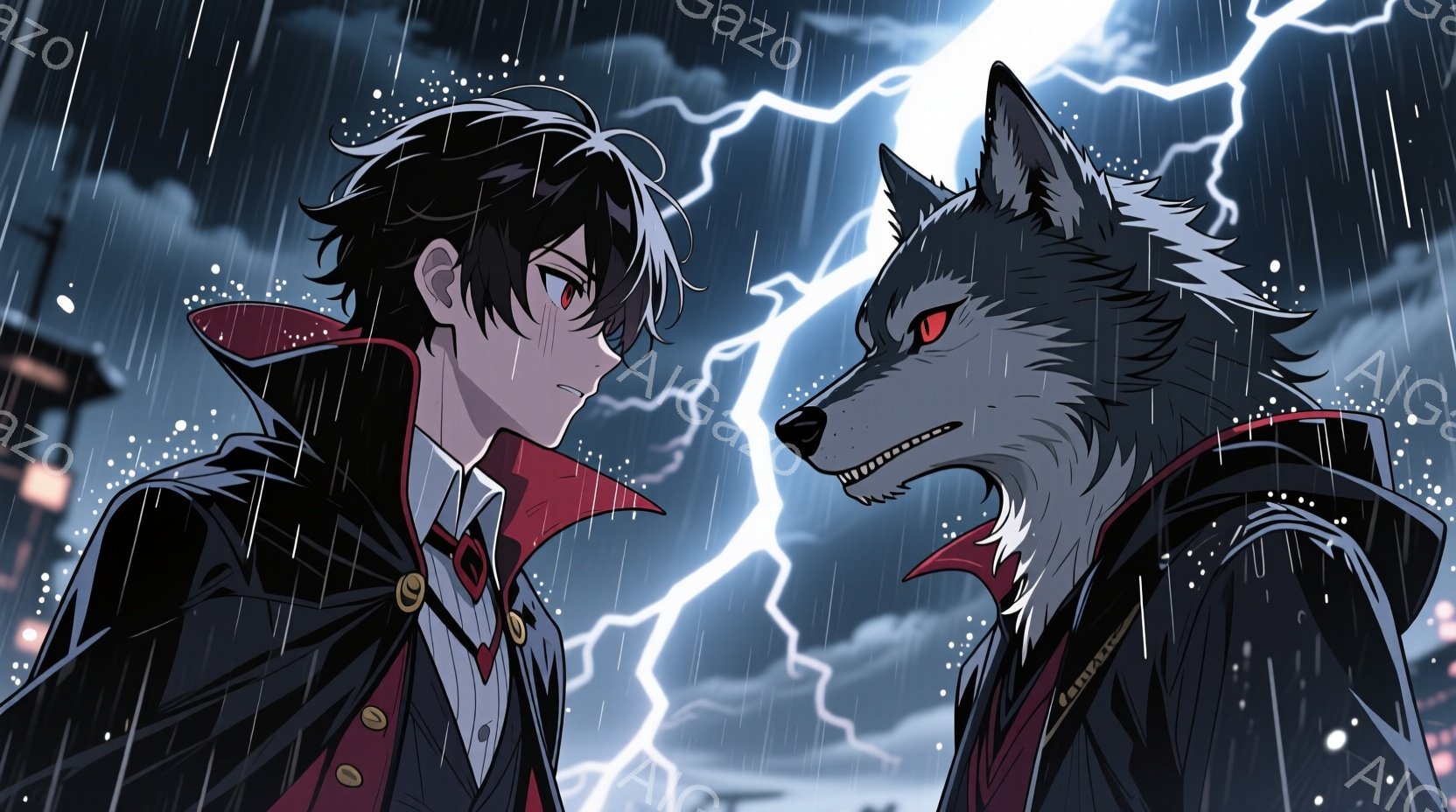 黒髪の男性は、赤い襟と金色のボタンが付いた黒いコートを着ており、やや不機嫌そうな表情をしています。彼の隣には、牙をむき出し、赤い目をした大きな黒い狼がおり、互いに睨み合っています。背景は激しい雨と稲妻が光る嵐の夜で、遠くにぼんやりとした建物のシルエットが見えます。