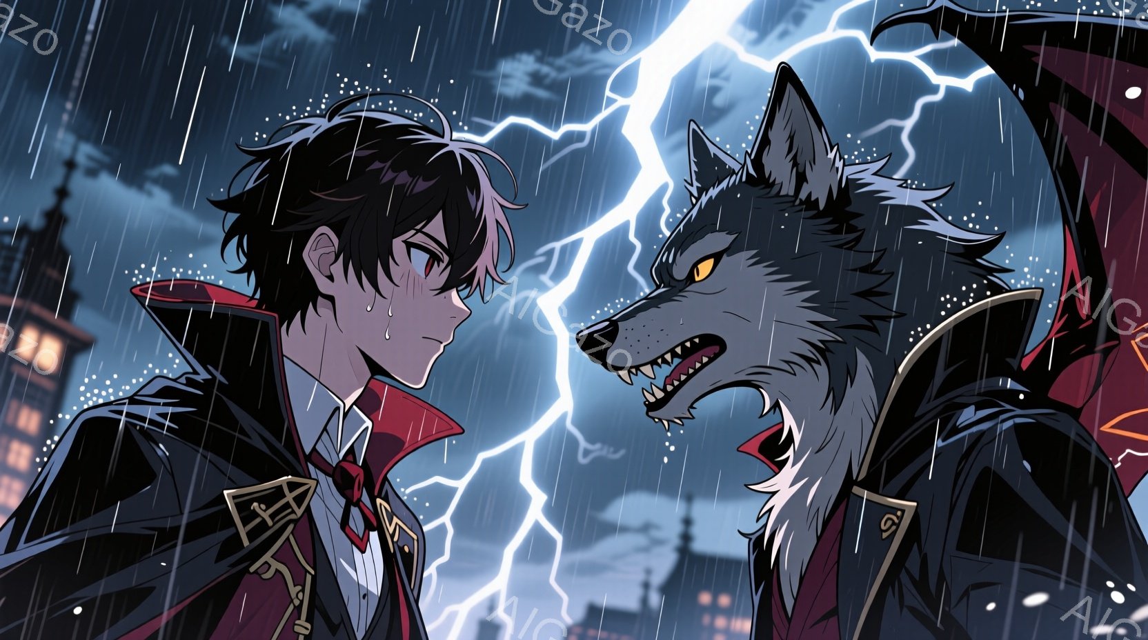 漆黒の髪を持つ青年と、鋭い眼光の狼が激しく対峙している。青年は赤いマントと白いシャツに黒いジャケットを羽織り、どこか憂いを帯びた表情を浮かべている。背景には雨が降りしきる夜の街並みが広がり、稲妻が空を切り裂き、緊張感溢れる雰囲気を醸し出している。