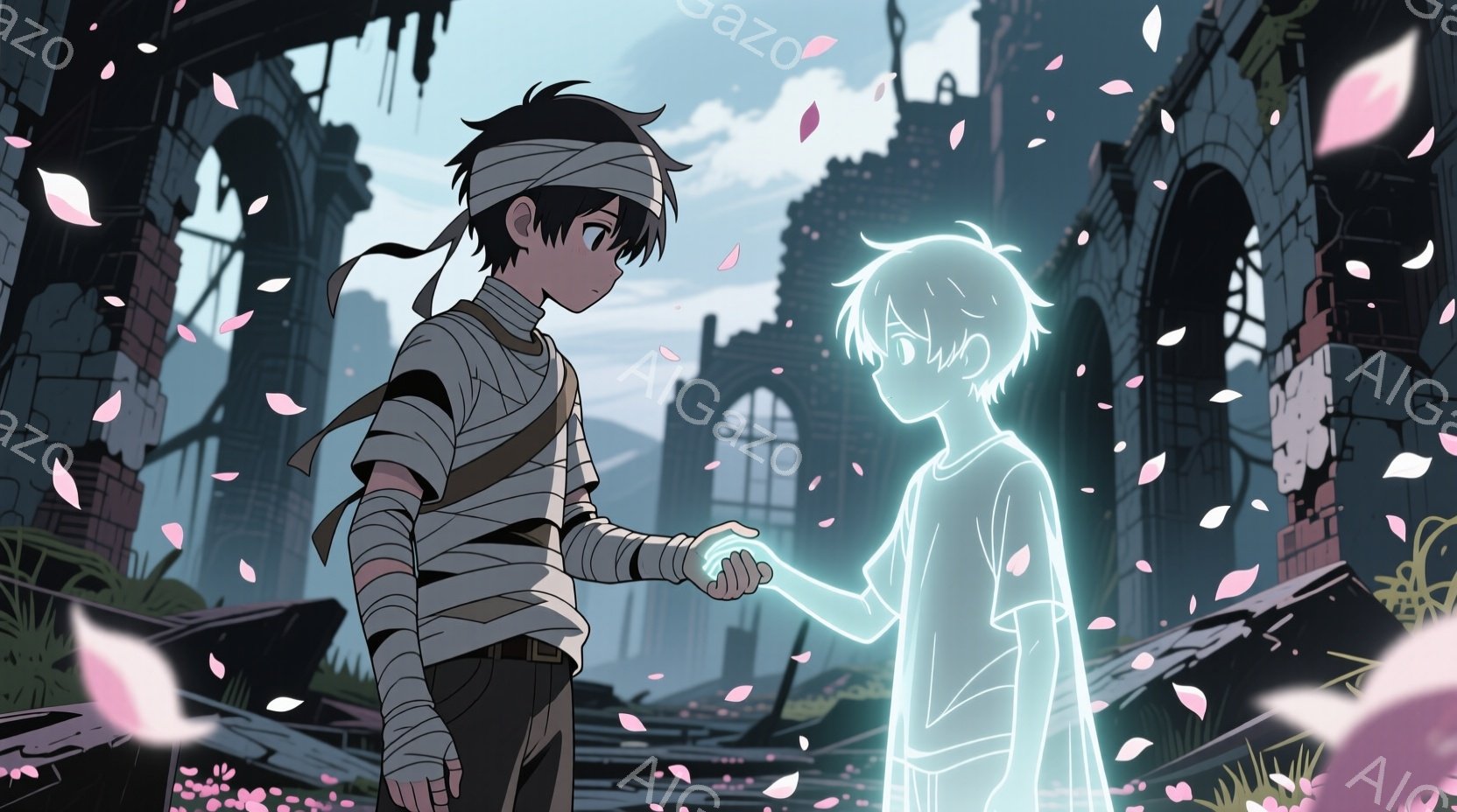 少年が片腕を包帯で覆い、もう片方の手で半透明の少年の手を握っている。背景には廃墟となった建物が立ち並び、ピンク色の花びらが舞い散る薄暗い空が広がっている。全体的に寂しげで切ない雰囲気が漂い、過去の記憶や失われた繋がりを暗示しているようだ。