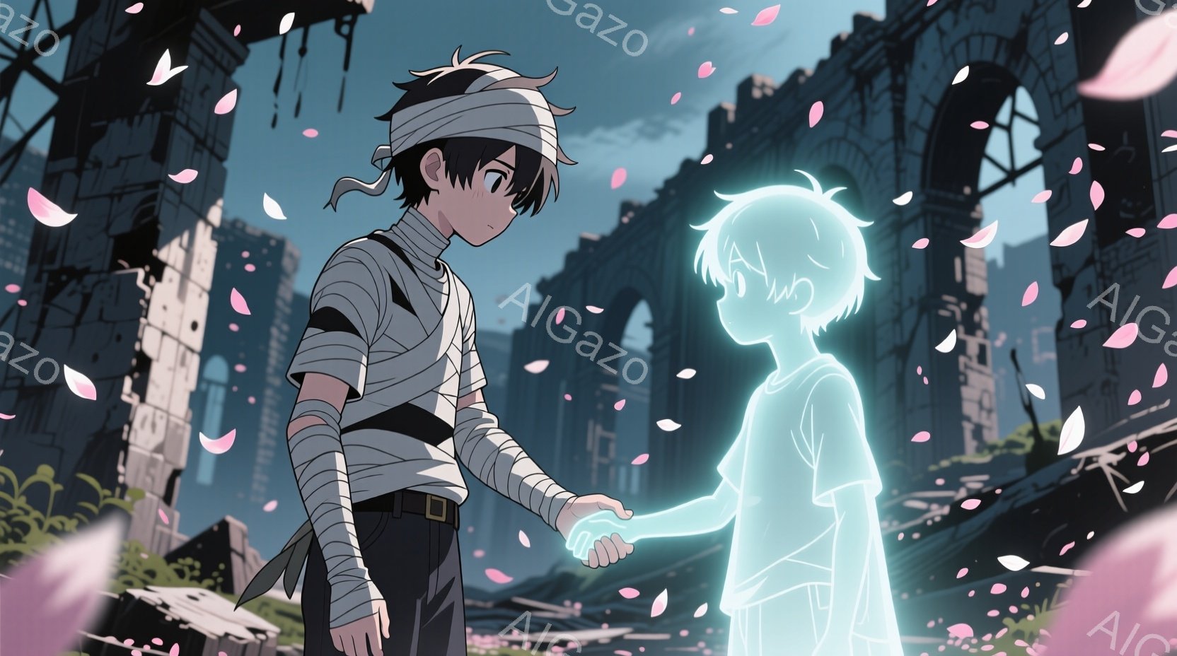 少年は腕と頭に包帯を巻き、黒いズボンとベルトを着用しています。彼は少し下を向き、無表情ですが、隣にいる光る幽霊のような少年の手を握っています。背景には、崩れかけたアーチと廃墟となった建物が立ち並び、ピ - AI生成フリー素材