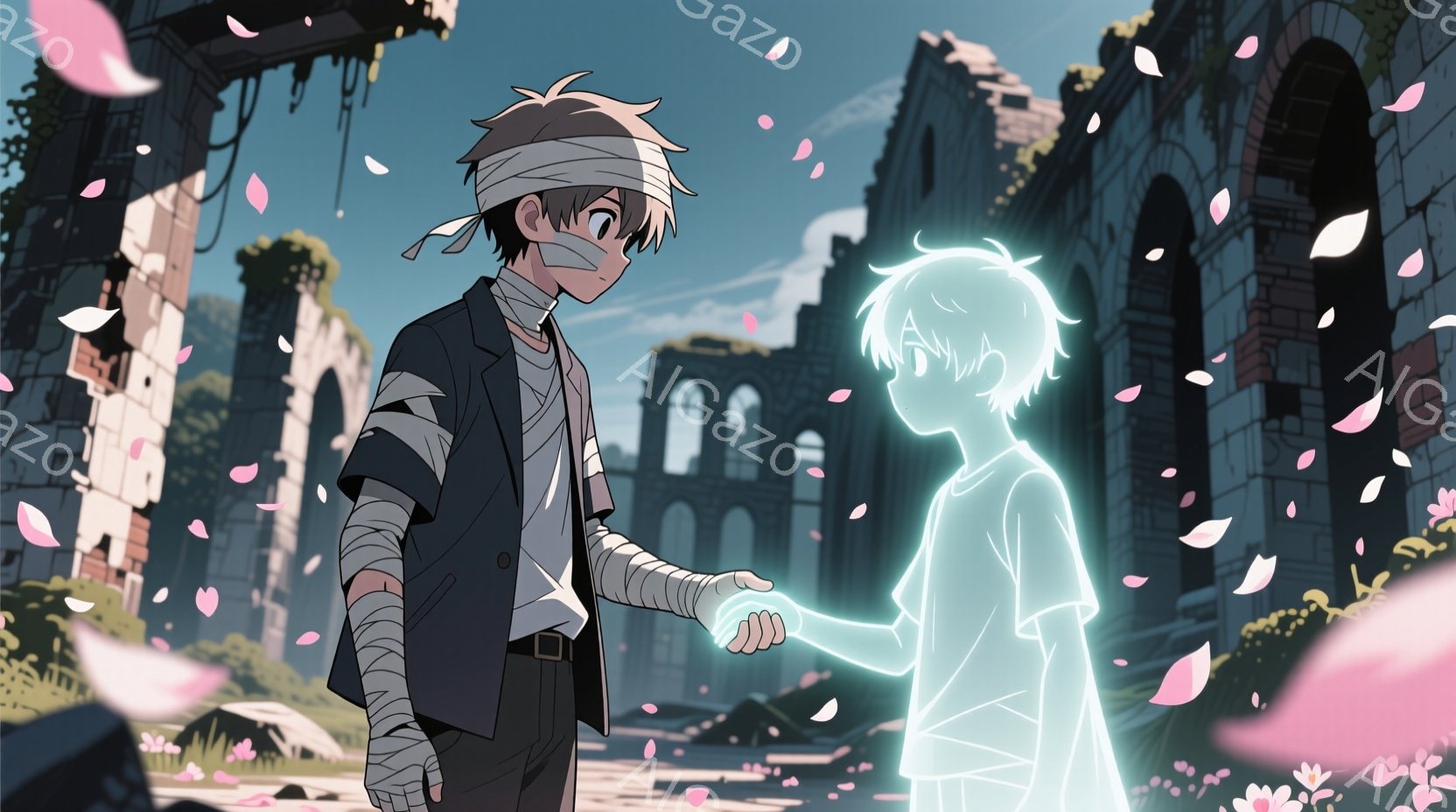 包帯で頭や腕を覆った少年が、ぼんやりと光る透明な少年の手を握っています。背景には崩れかけた建物群と、桜の花びらが舞う荒廃した風景が広がっています。全体的に寂しげで、どこか切ない雰囲気が漂っています。