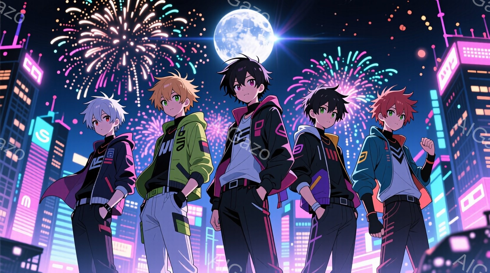 鮮やかなネオン輝く夜の都市を背景に、四人の若い男性が立っている。彼らはそれぞれ異なる色のスポーティーな服装をしており、ハイウエストのパンツと、ジッパー付きのジャケットを着用している。背景には高層ビル群と満月、そして夜空を彩る花火が描かれ、活気と若々しいエネルギーに満ちた雰囲気を醸し出している。