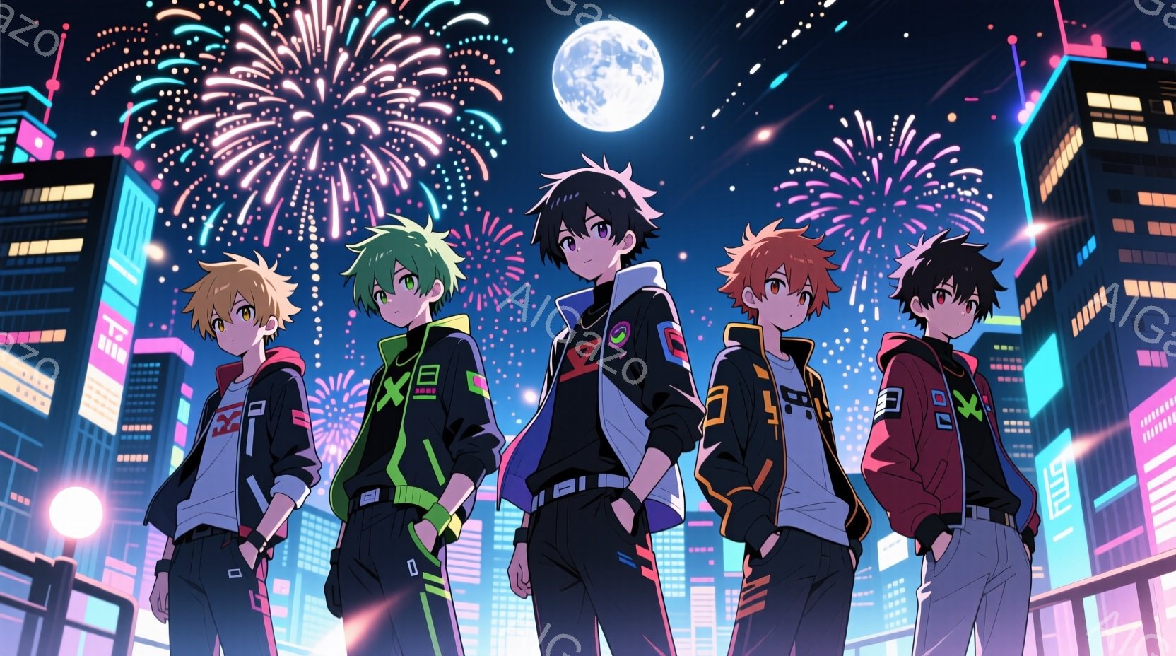 鮮やかな夜景を背景に、5人の若い男性が並んでいます。それぞれ異なる髪色と服装で、スポーティーなジャケットとズボンを身に着け、手はポケットに入れています。背景には高層ビル群と夜空に咲く花火が描かれ、活気 - AI生成フリー素材