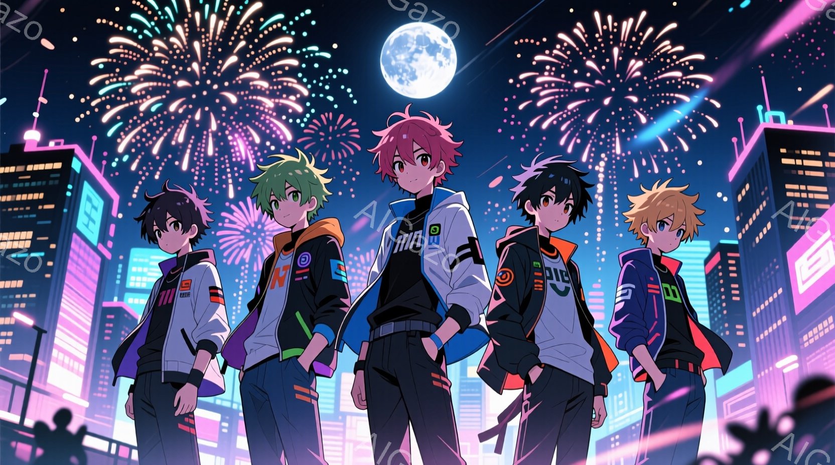 夜の都市を背景に、カラフルな髪色の若い男性たちが並んでいます。彼らは皆、黒いズボンに白いスニーカーを履き、鮮やかな色のジャケットを羽織っており、それぞれ胸元に異なるロゴが入っています。背景には高層ビル - AI生成フリー素材