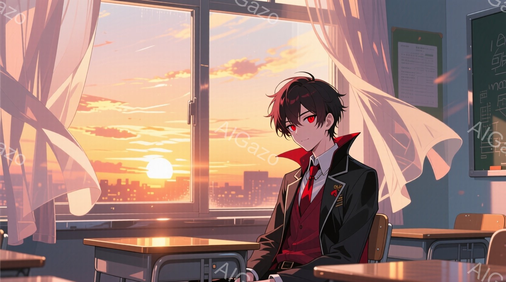 少年は教室の椅子に座り、窓の外の夕焼けを見つめている。彼は黒髪で、赤い瞳を持ち、制服姿で、ネクタイとジャケットが印象的だ。夕焼けはオレンジと赤色のグラデーションで、都市のシルエットがぼんやりと見え、静 - AI生成フリー素材